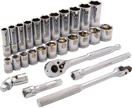 Dynamic D010009 Tools 3/8-Inch Drive 27 Piece 6 Point, Standard/Deep Socket Set, 3/8-Inch-1-Inch - Wise Line Tools