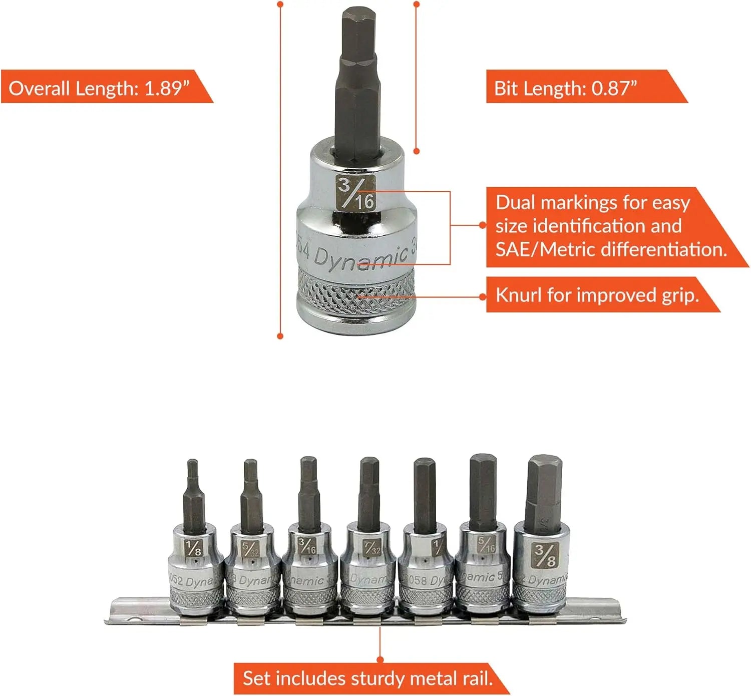 Dynamic D010014 - 7 Piece 3/8" Drive Standard Length SAE Hex DYNAMIC