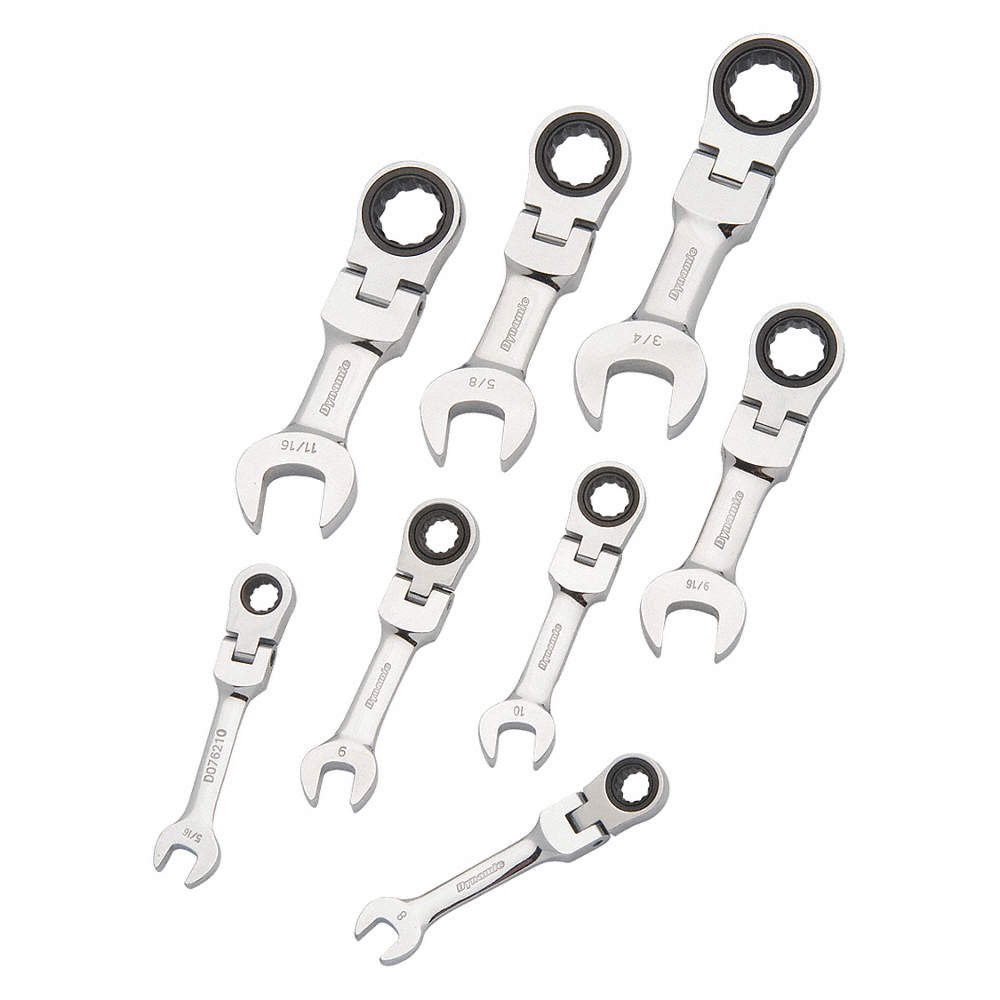 Dynamic - GT-D076607   8 PIECE SAE STUBBY FLEX HEAD COMBINATION RATCHETING WRENCH SET - Wise Line Tools