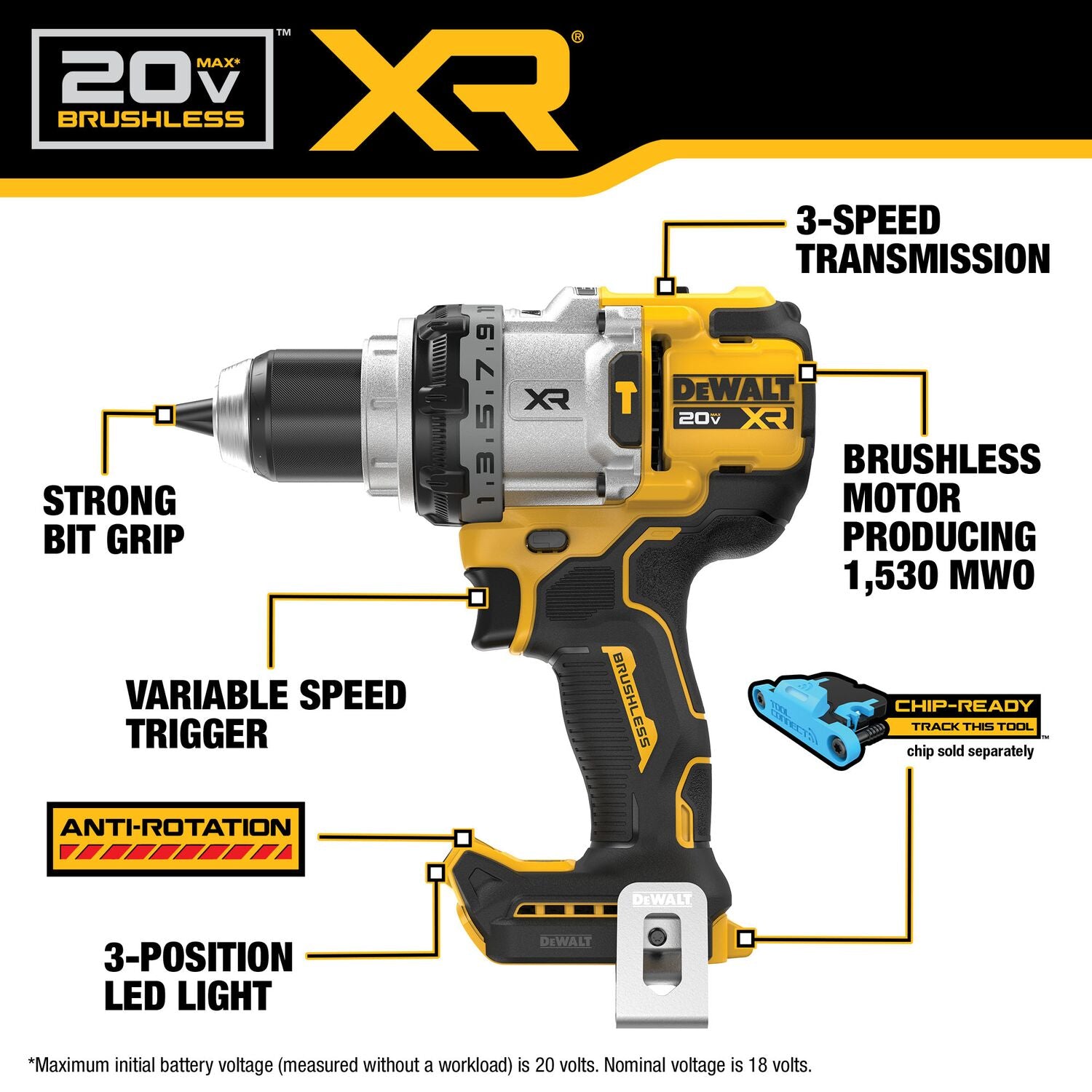 Dewalt DCD1007WW1 - 20V MAX* XR® BRUSHLESS CORDLESS 1/2 IN. 3-SPEED HAMMER DRILL Kit