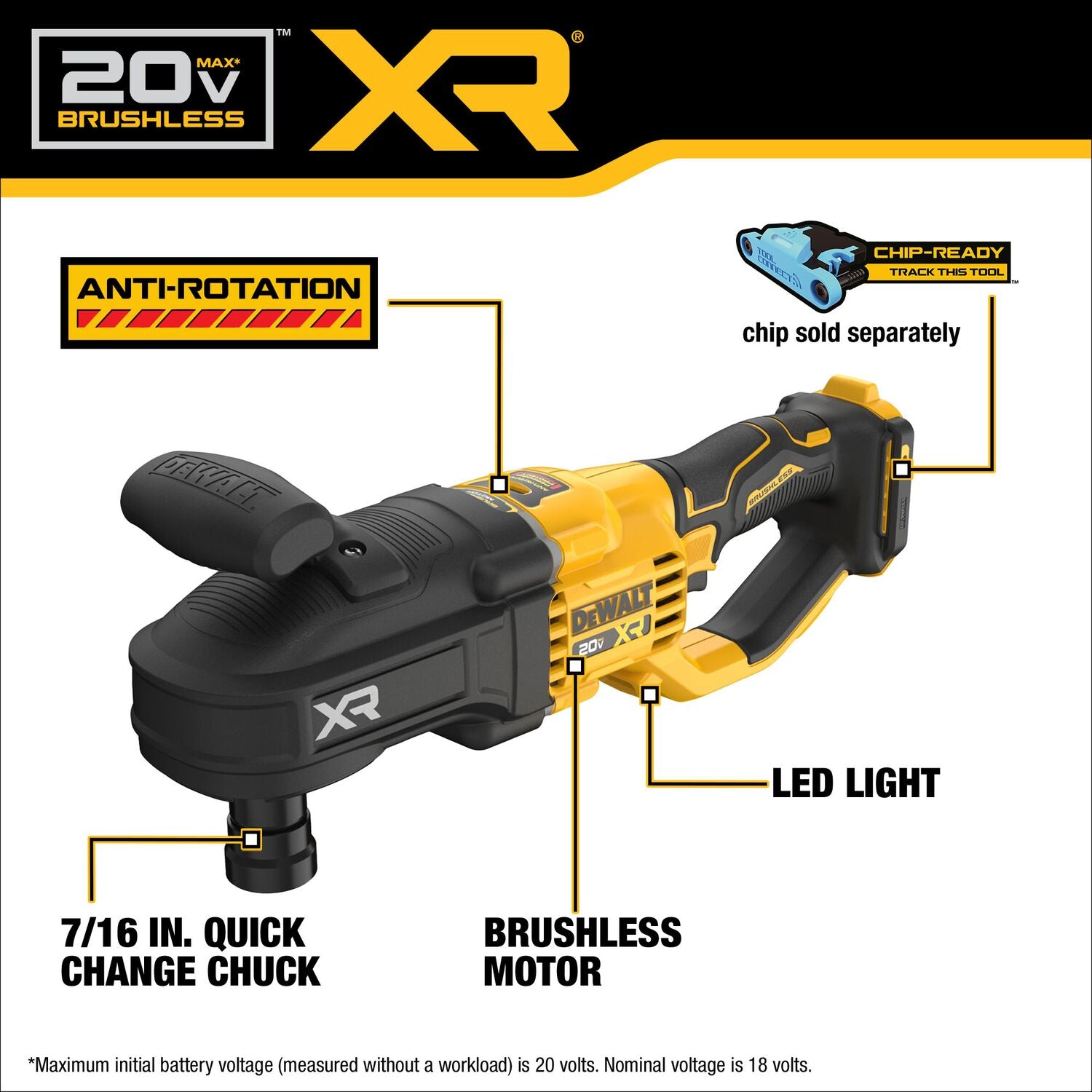 Dewalt DCD447B - 20V MAX* XR® BRUSHLESS CORDLESS 7/16 IN. QUICK CHANGE COMPACT STUD & JOIST DRILL (TOOL ONLY)