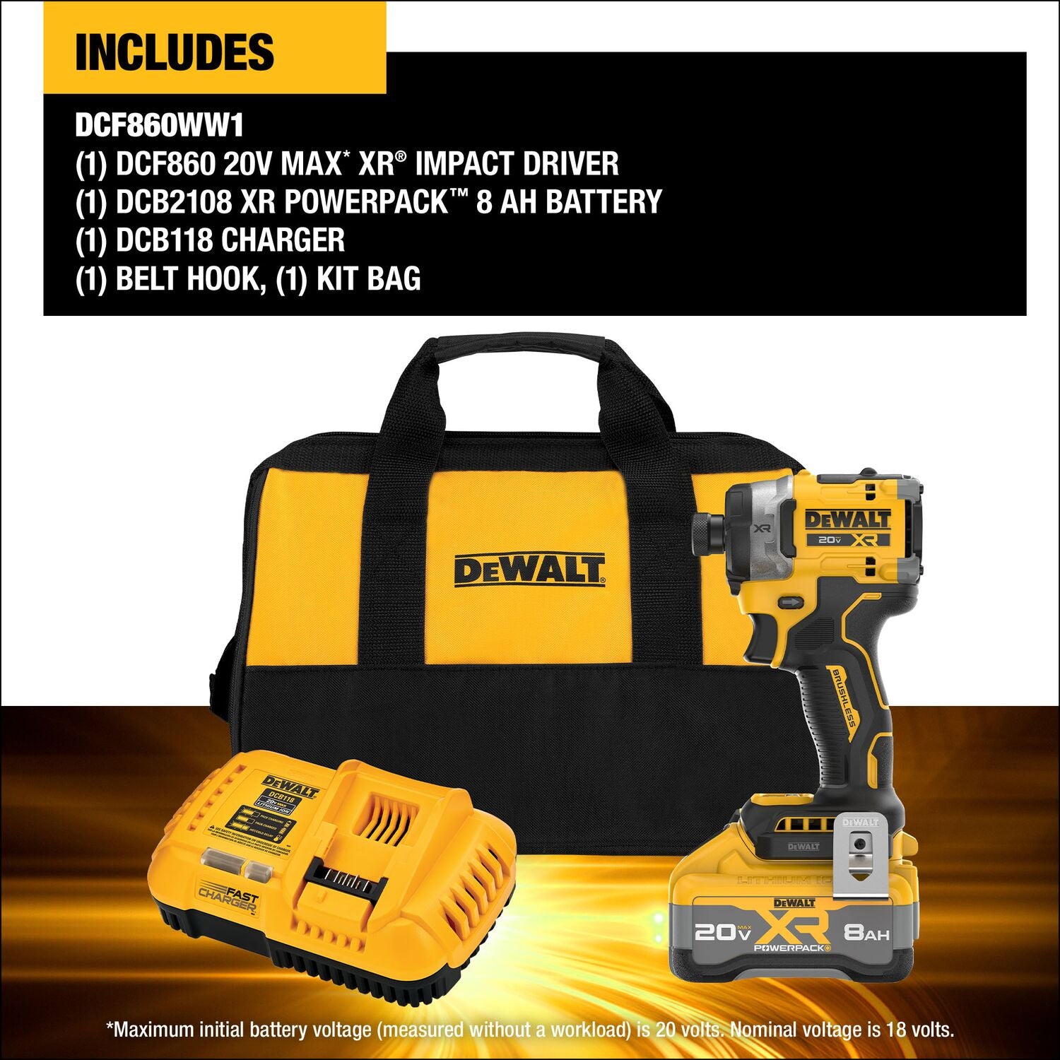 Dewalt DCF860WW1 - ENSEMBLE DE VISSEUSE À PERCUSSION 1/4 PO SANS FIL 20 V MAX* XR® SANS BALAIS, 3 VITESSES ET COUPLE ÉLEVÉ AVEC PACK D'ALIMENTATION XR™