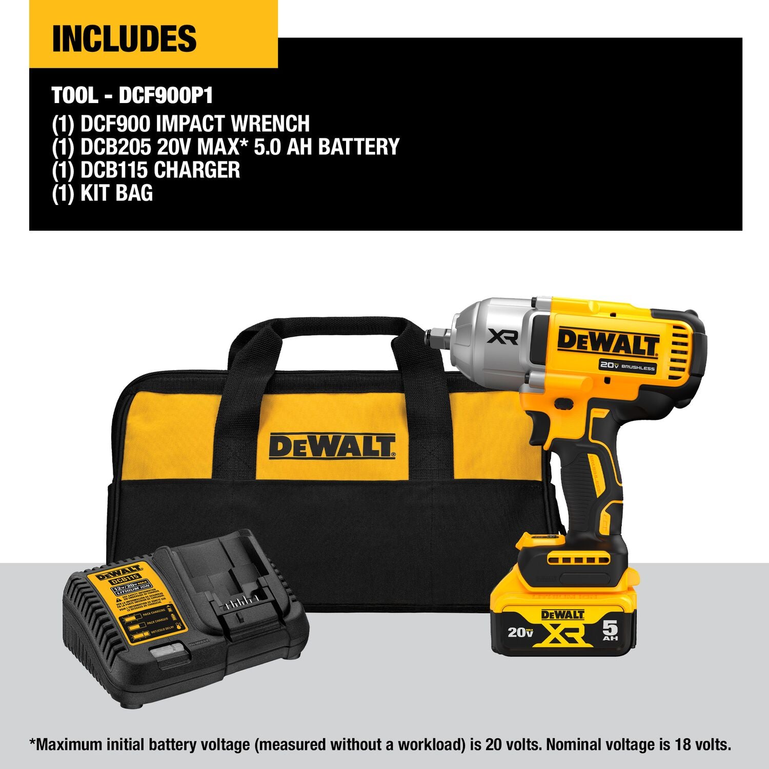 Clé à chocs à couple élevé DEWALT DCF900P1-20V MAX* XR 1/2 po avec enclume à anneau ouvert et (1) batterie 5,0 Ah et kit de chargeur