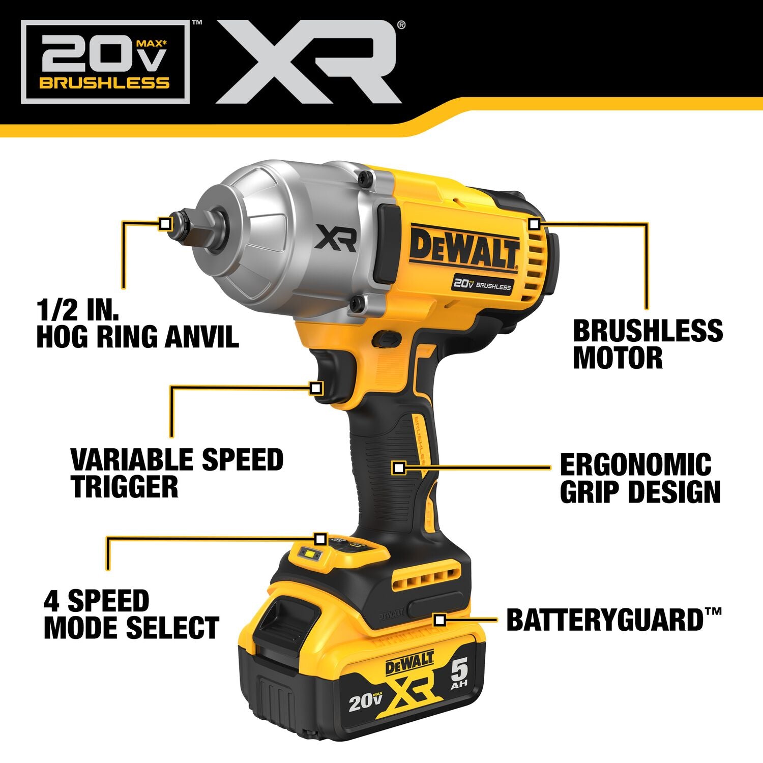 DEWALT DCF900P1-20V MAX* XR 1/2 in. High Torque Impact Wrench with Hog Ring Anvil with (1) 5.0 Ah Battery and Charger Kit