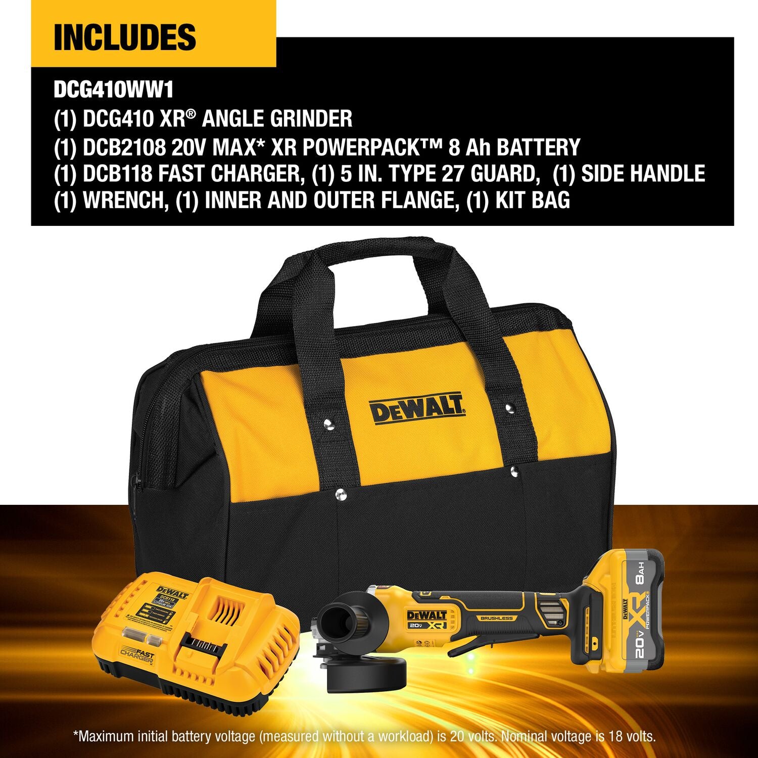 Dewalt DCG410WW1 – 20 V MAX* XR® BÜRSTENLOSER AKKU-WINKELSCHLEIFER-SATZ 4-1/2 ZOLL – 5 ZOLL MIT XR POWERPACK™