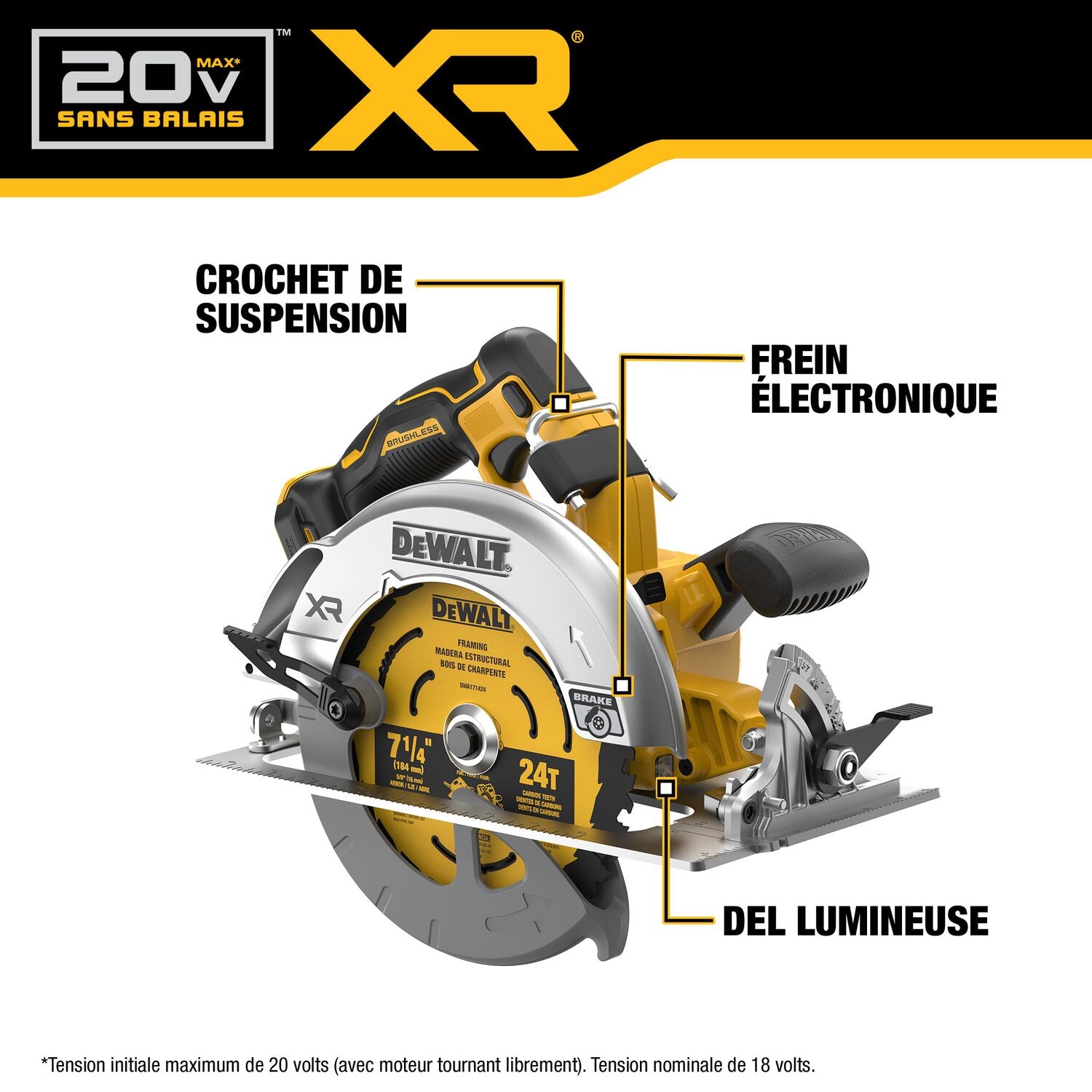 Scie circulaire sans fil Dewalt DCS590B- 20 V MAX* XR® sans balais de 7-1/4 po (outil seul)