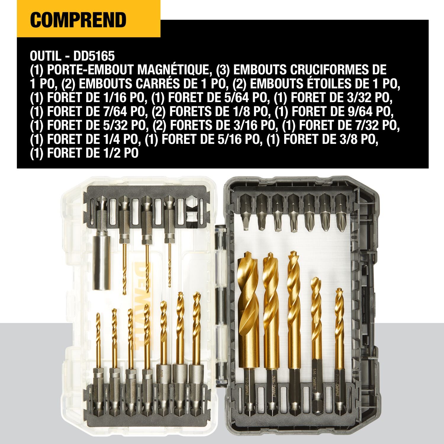 Jeu de 23 forets hexagonaux DEWALT DD5165-IMPACT READY avec revêtement en nitrure de titane