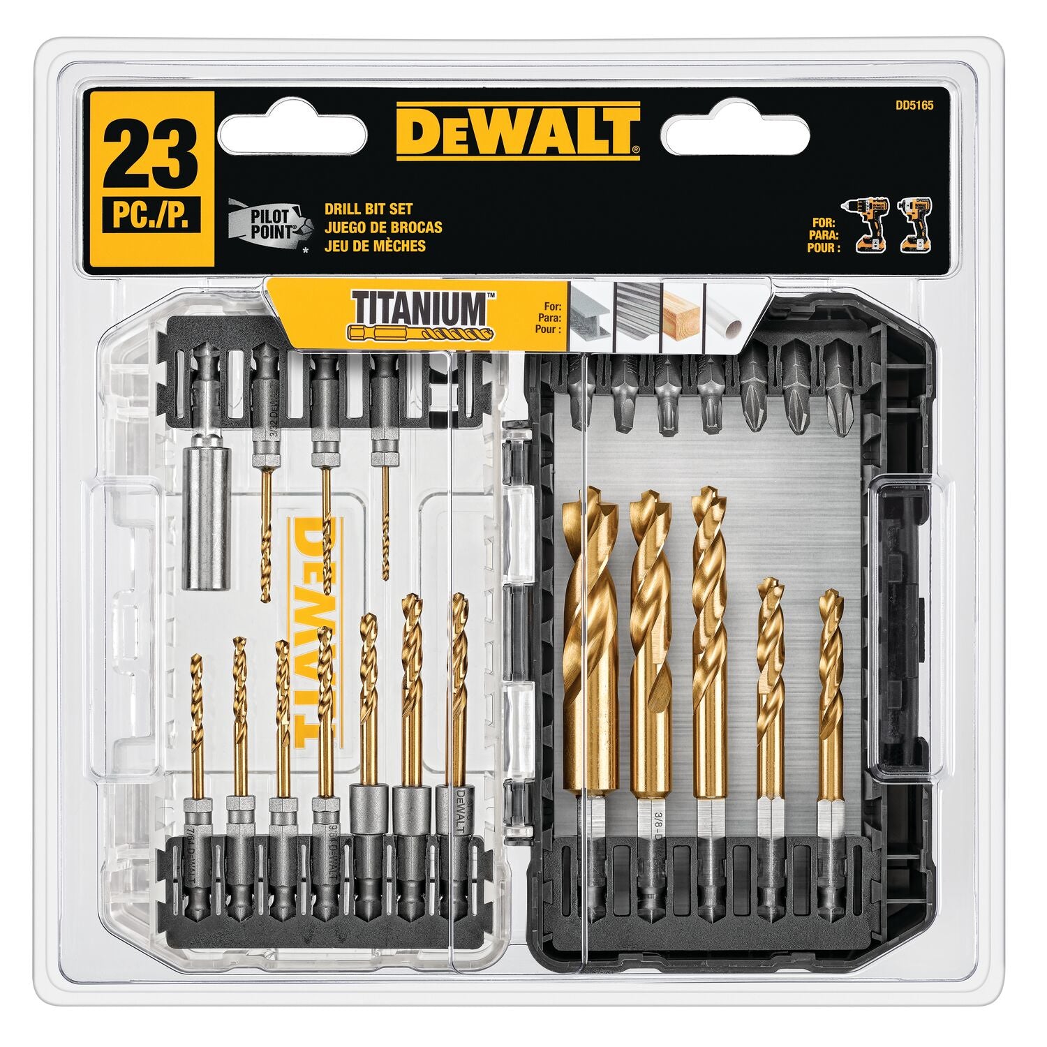 Dewalt DD5165 - 23pc Assorted Titanium Nitride Coated HSS Twist Drill Bit Set