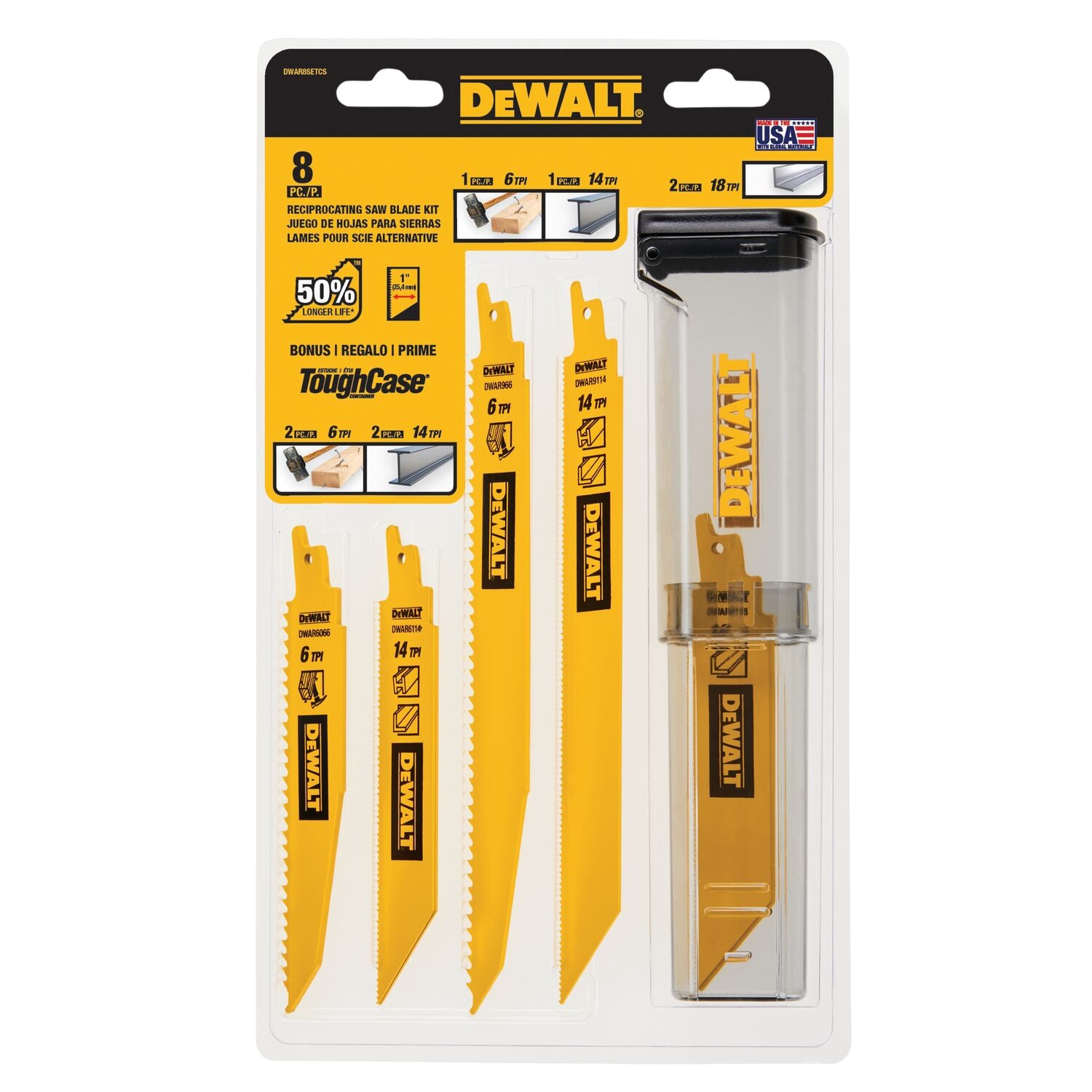 DEWALT DWAR8SETCS Assorted TPI Bi-Metal Reciprocating Saw Blade Set for Wood, Metal, 8-pc