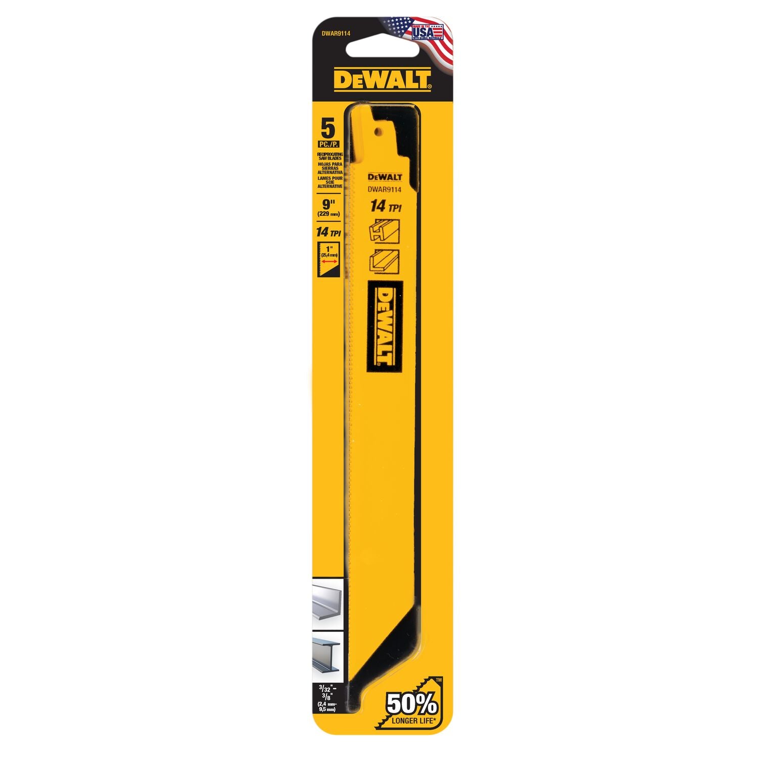 DEWALT DWAR9114 - 5-Pack 9-in 14-TPI Metal Cutting Reciprocating Saw Blade