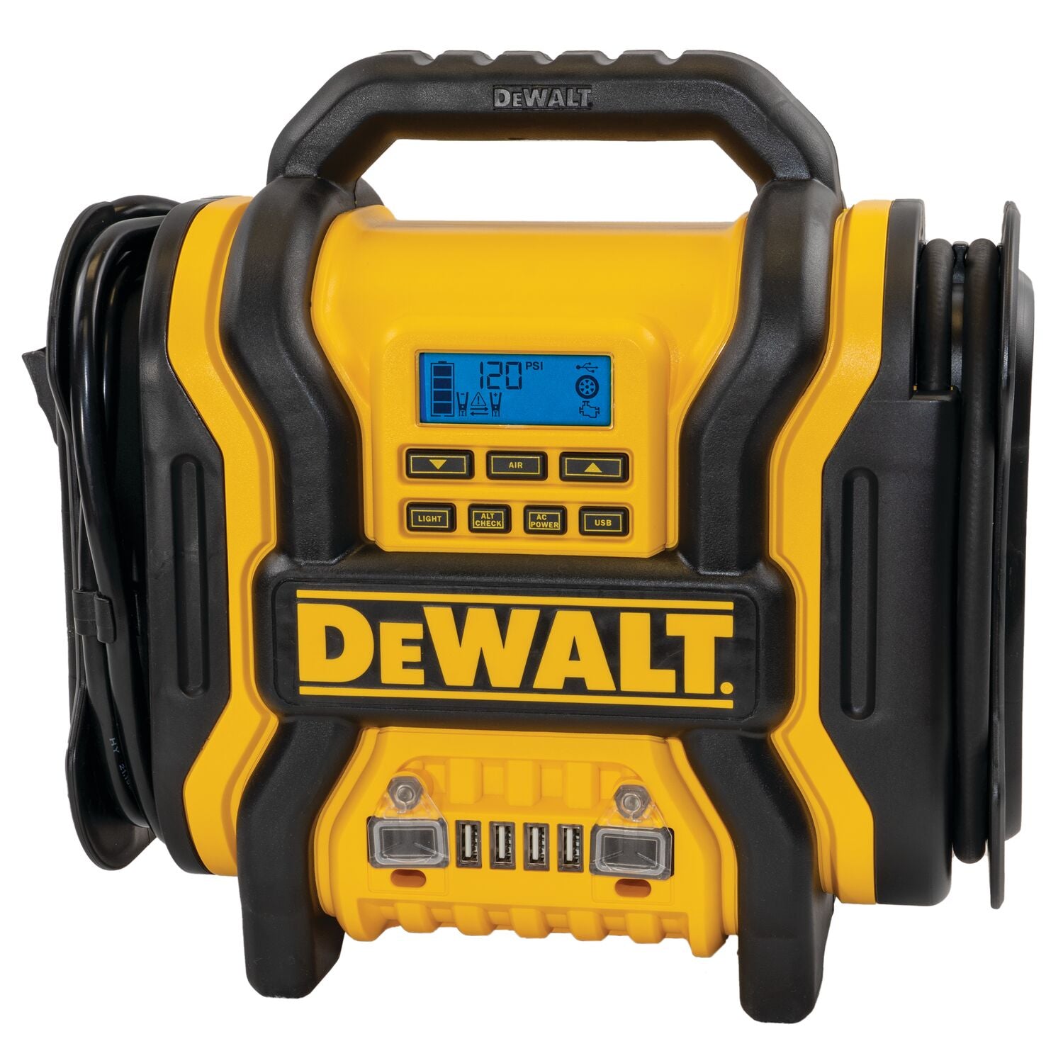 DEWALT DXAEPS14 Démarreur de batterie 12 V 1 600 A de pointe avec convertisseur CA 500 W, compresseur numérique 120 PSI et alimentation USB, jaune