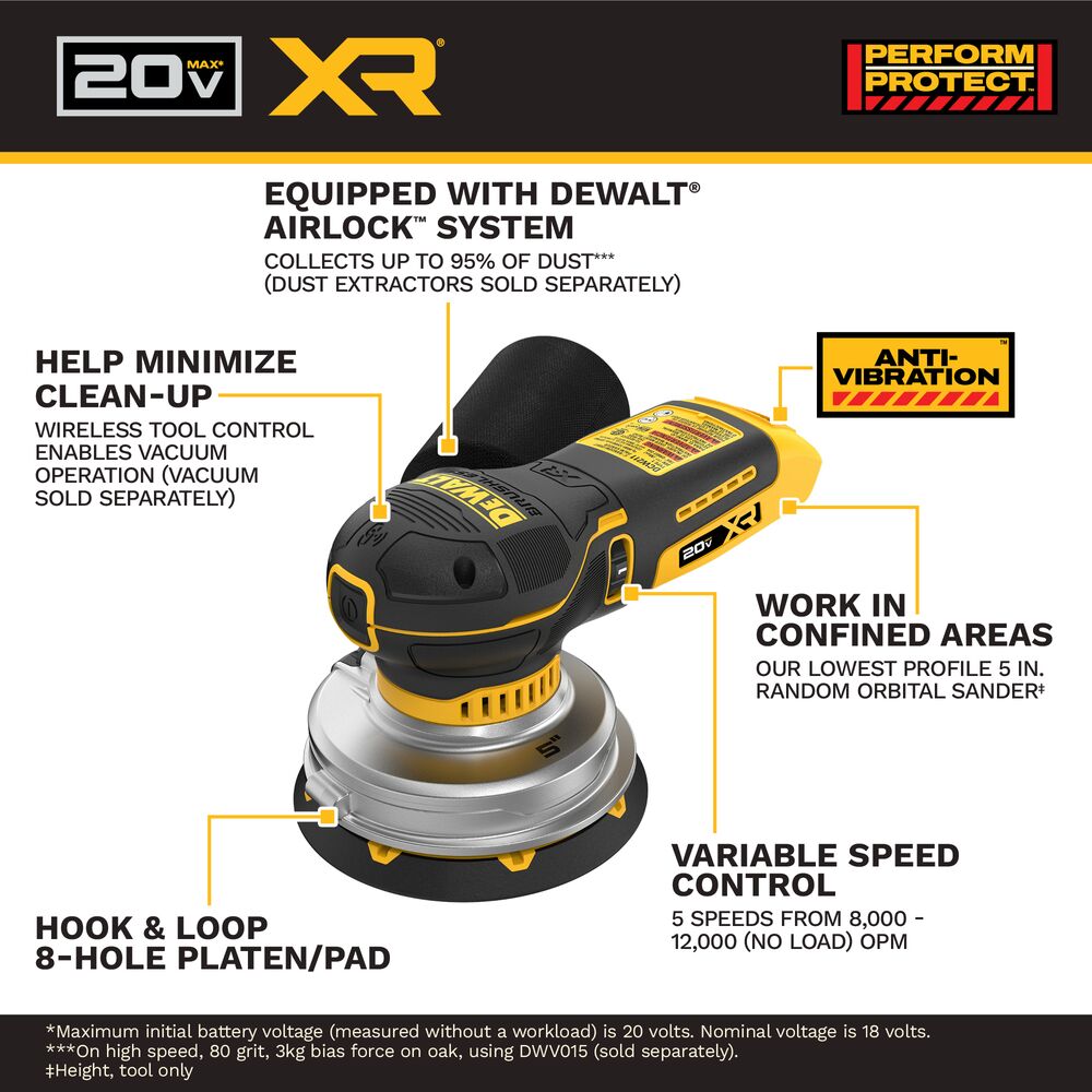 DEWALT DCW211B 20V MAX* XR® 5 in. Brushless Cordless Variable-Speed Random Orbit Sander (Tool Only)