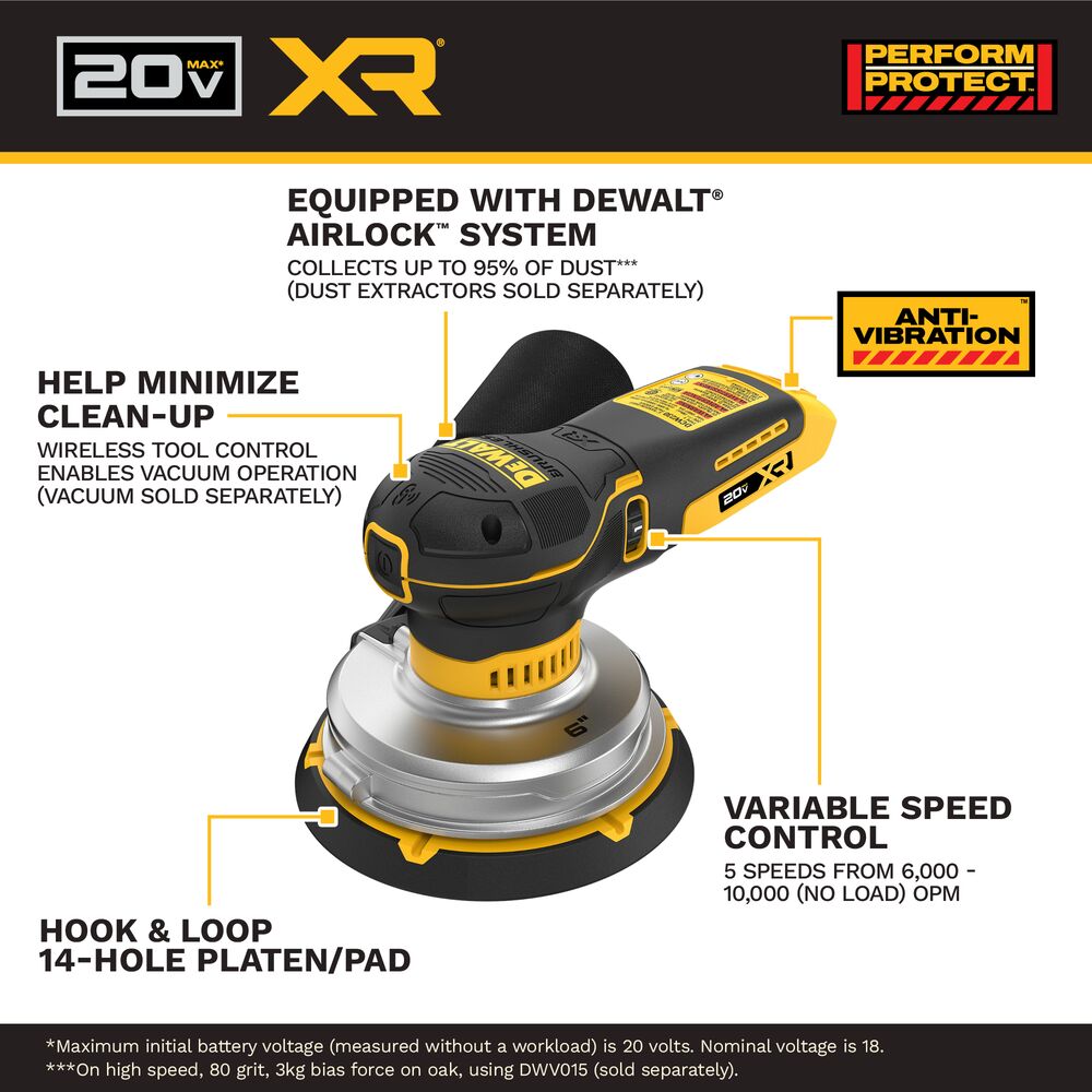 DEWALT DCW230B 20V MAX* XR® Brushless 6 in. Random Orbital Sander (Tool Only)