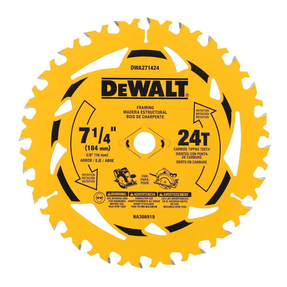 DEWALT DWA271424 - Lame de scie circulaire DEWALT 7-1/4 po 24 dents avec arbre 5/8 po (1 paquet)