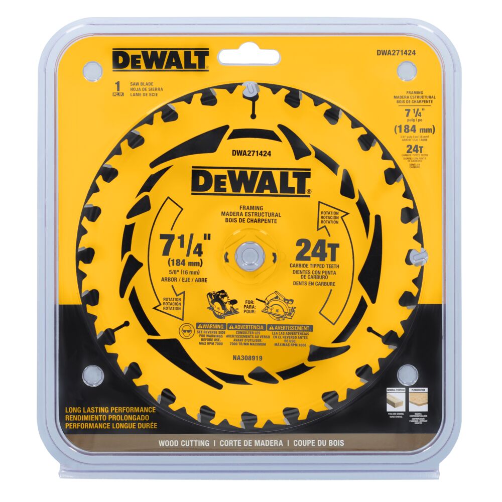 DEWALT DWA271424 - Lame de scie circulaire DEWALT 7-1/4 po 24 dents avec arbre 5/8 po (1 paquet)