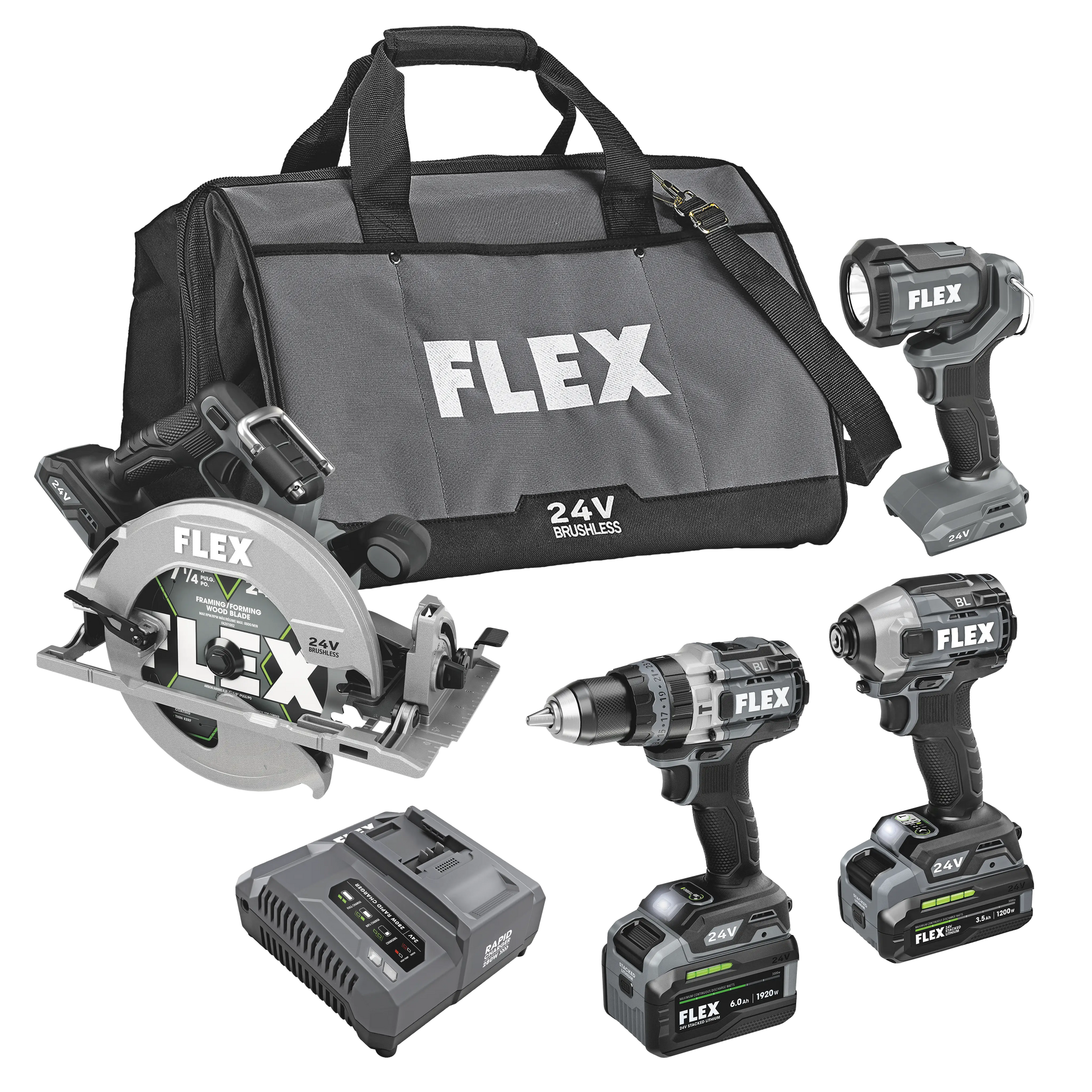 FLEX FXM403-2G - HAMMER DRILL WITH TURBO MODE, QUICK EJECT IMPACT DRIVER, CIRCULAR SAW AND WORK LIGHT STACKED LITHIUM KIT - Wise Line Tools