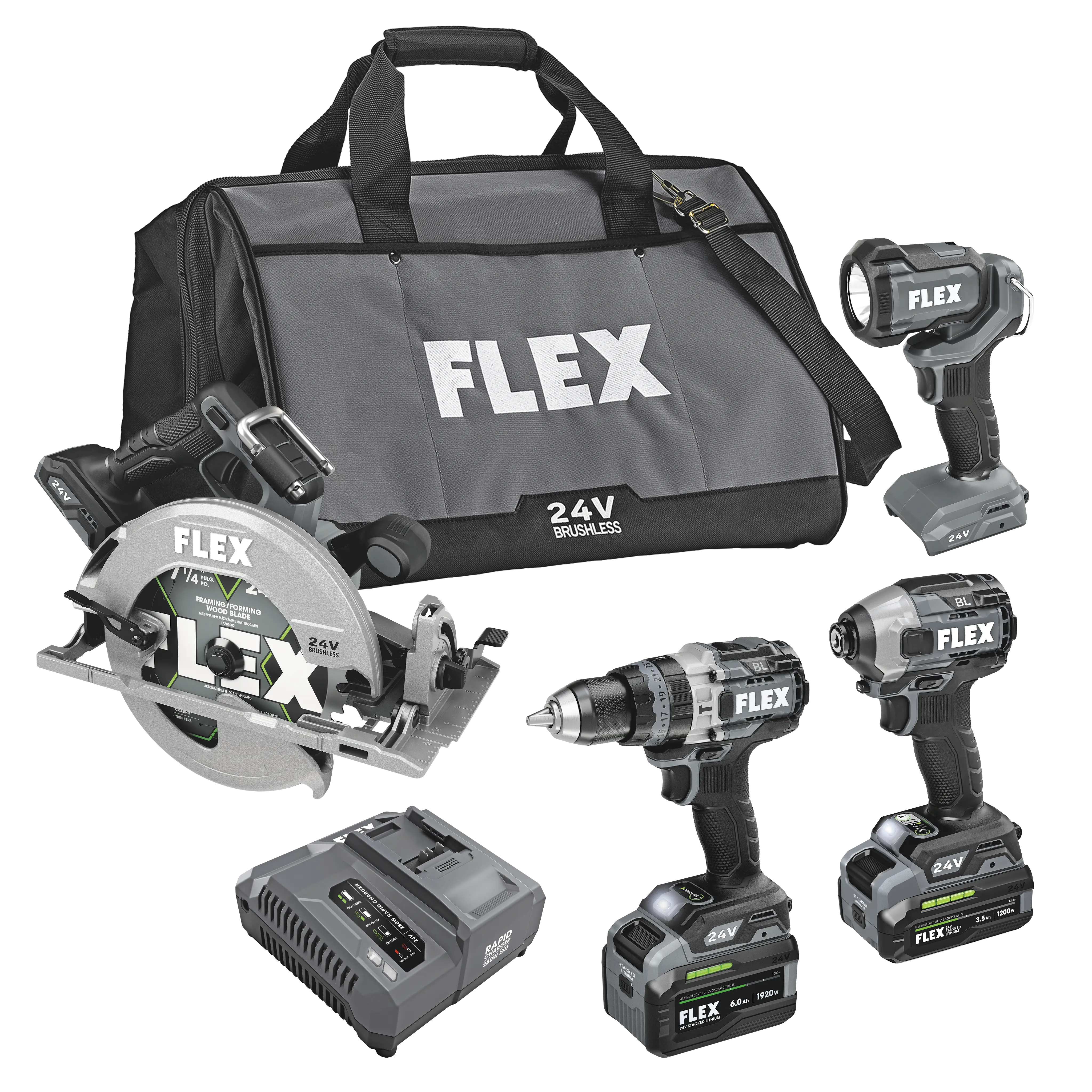 FLEX FXM403-2G - HAMMER DRILL WITH TURBO MODE, QUICK EJECT IMPACT DRIVER, CIRCULAR SAW AND WORK LIGHT STACKED LITHIUM KIT - Wise Line Tools