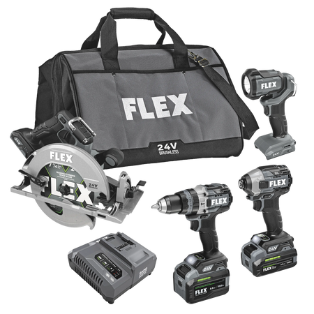 FLEX FXM403-2G - HAMMER DRILL WITH TURBO MODE, QUICK EJECT IMPACT DRIVER, CIRCULAR SAW AND WORK LIGHT STACKED LITHIUM KIT - Wise Line Tools