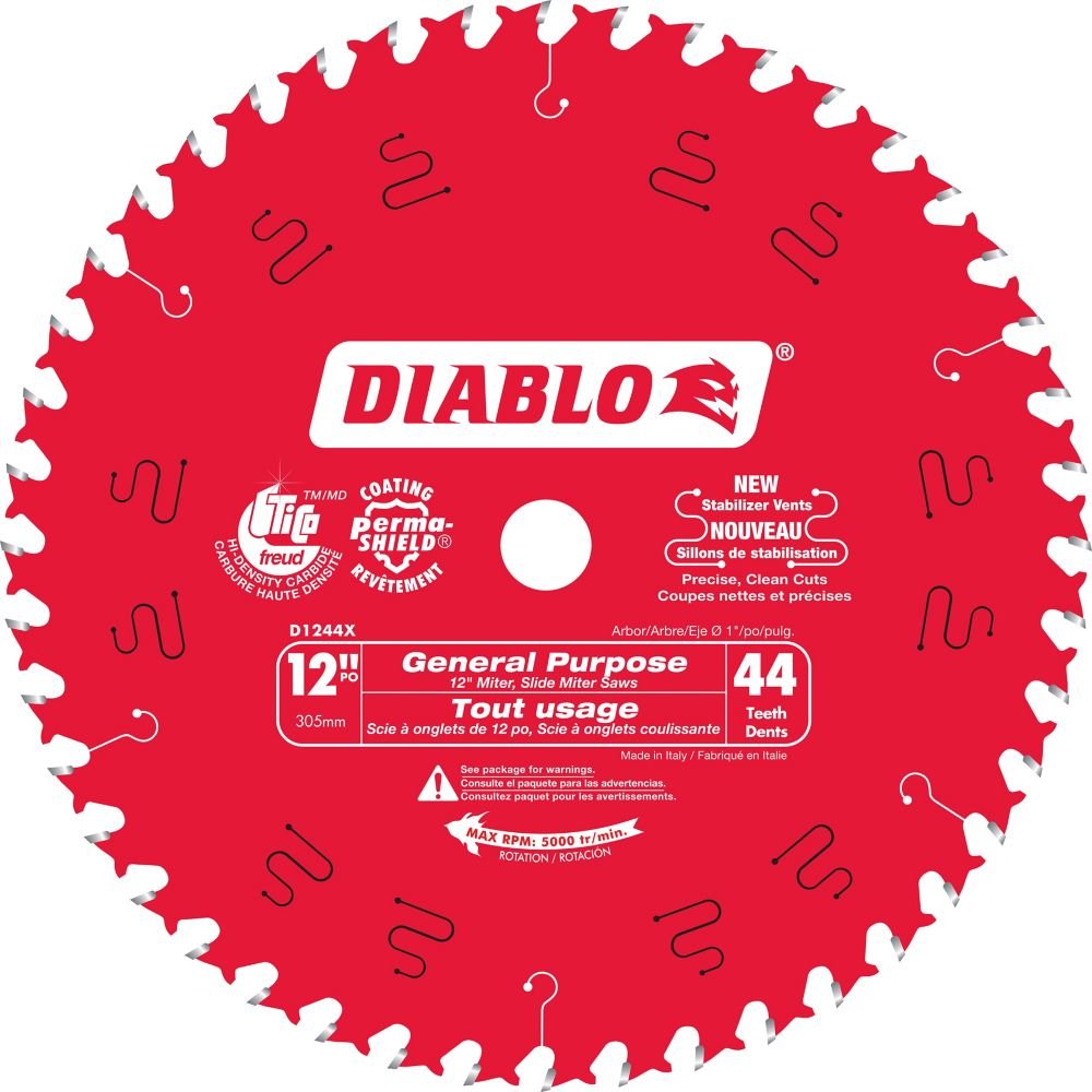 Freud D1244X Diablo 12-Inch 44 Tooth ATB General Purpose Miter Saw Blade with 1-Inch Arbor - Wise Line Tools