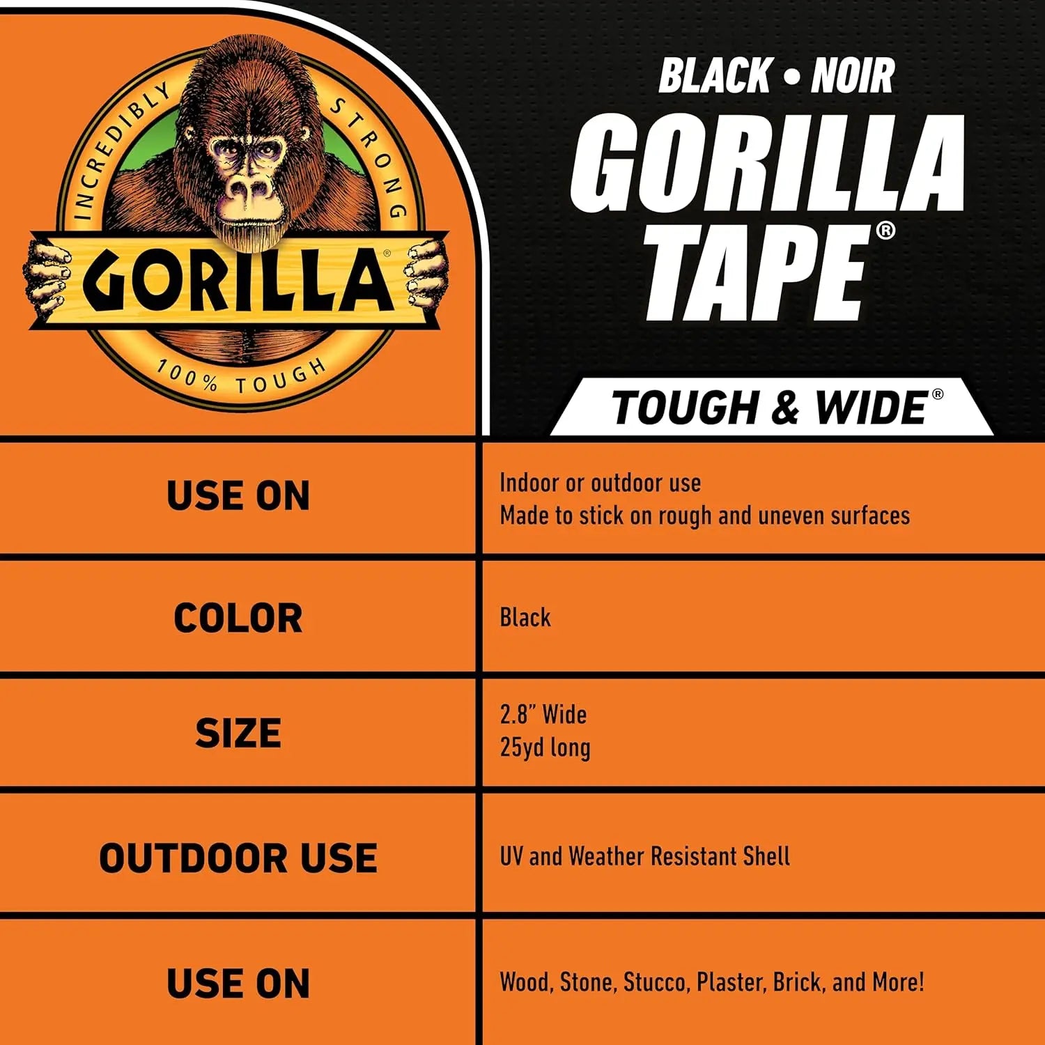 Gorilla 106425 - Tough and Wide Black Tape 25 yds. Gorilla