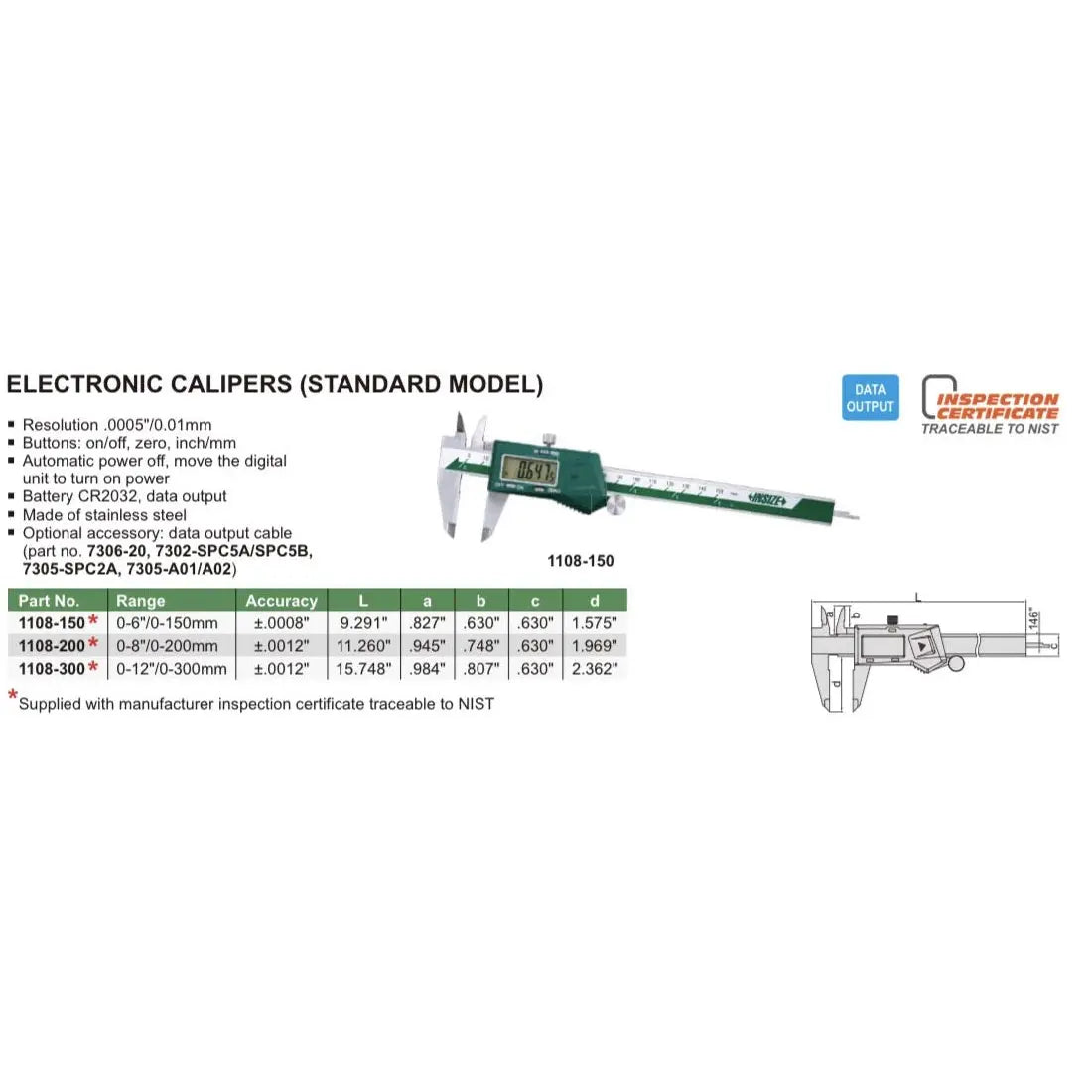 INSIZE 1108-150 - 6" ELECTRONIC CALIPER (RES .01MM/.0005") INSIZE