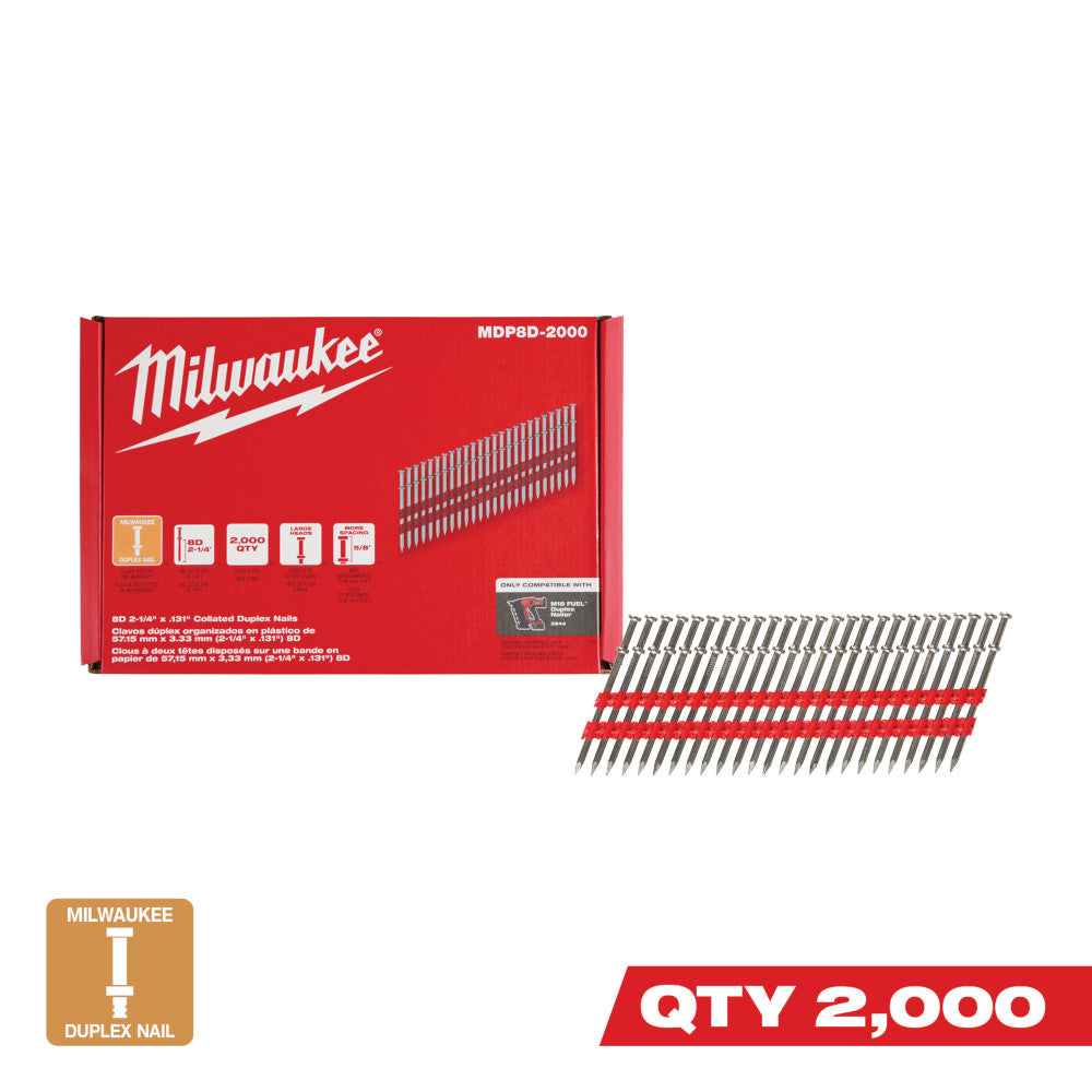 Milwaukee MDP8D-2000- Milwaukee® 8D 2-1/4” x .131” Collated Duplex Nails