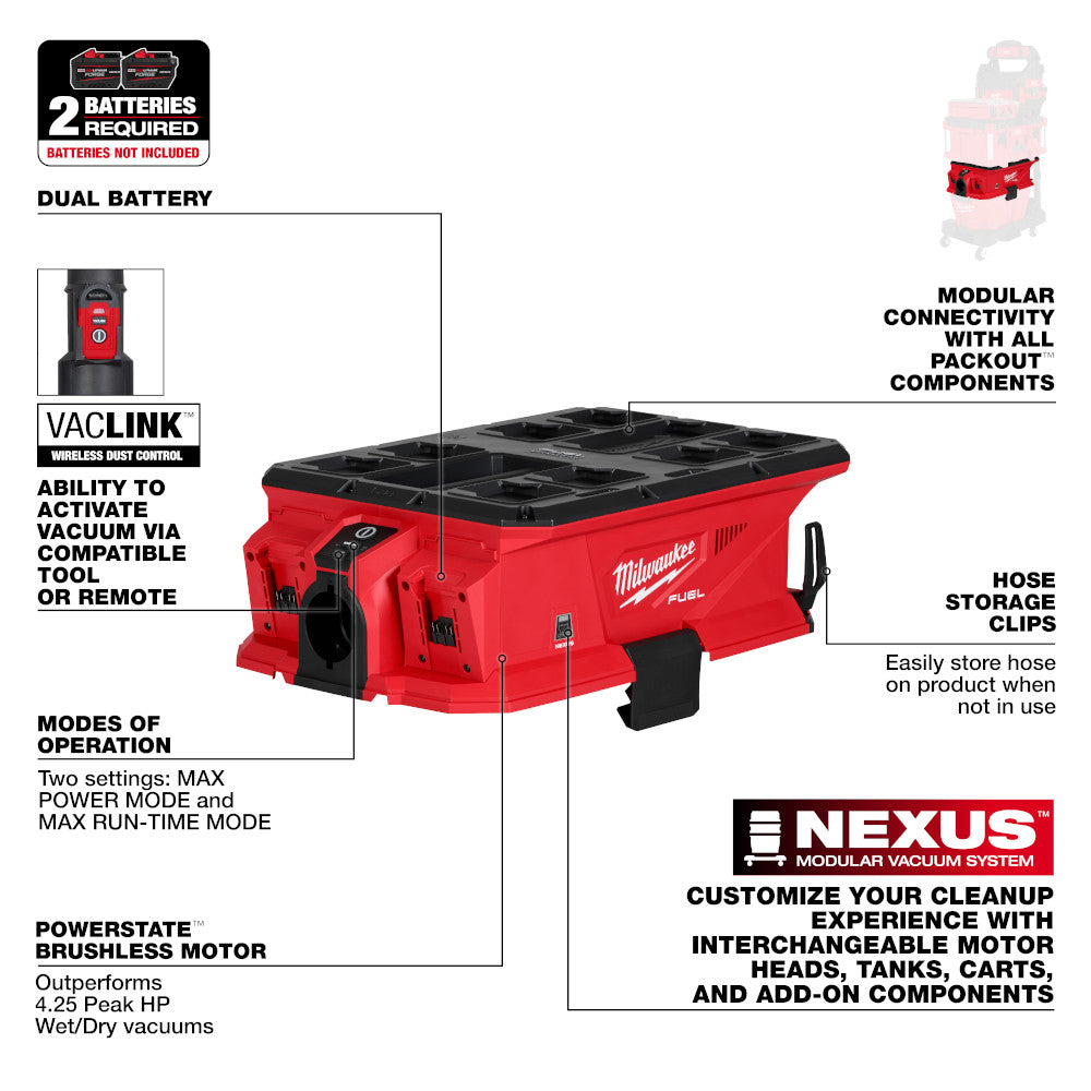 MILWAUKEE 0926-20 - M18 FUEL™ NEXUS™ Dual Battery Wet/Dry Vacuum Motor Head w/ PACKOUT™ Compatibility & VACLINK™ MILWAUKEE