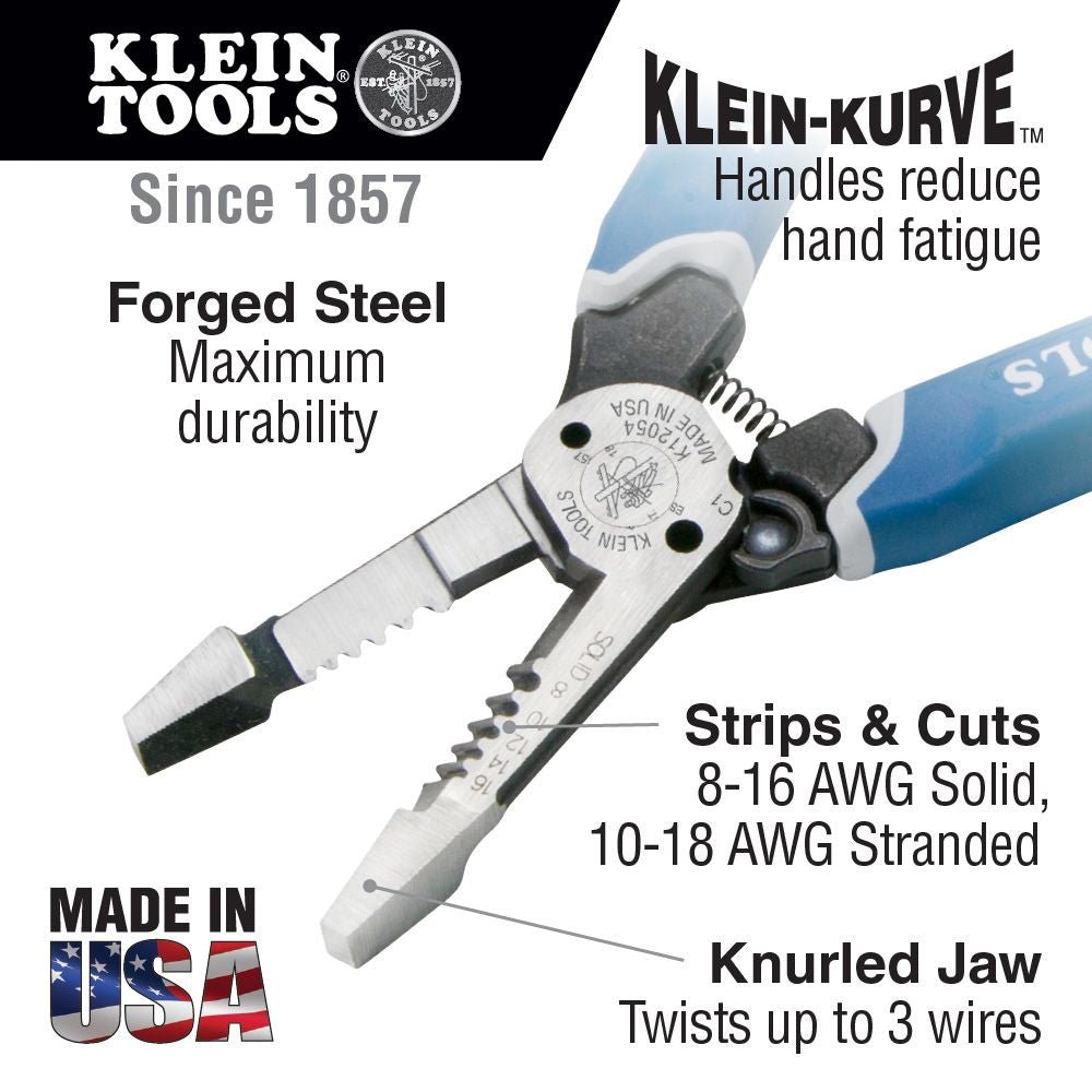 Klein K12054  -  Kurve Heavy Duty Wire Stripper - 8-18 AWG - Wise Line Tools