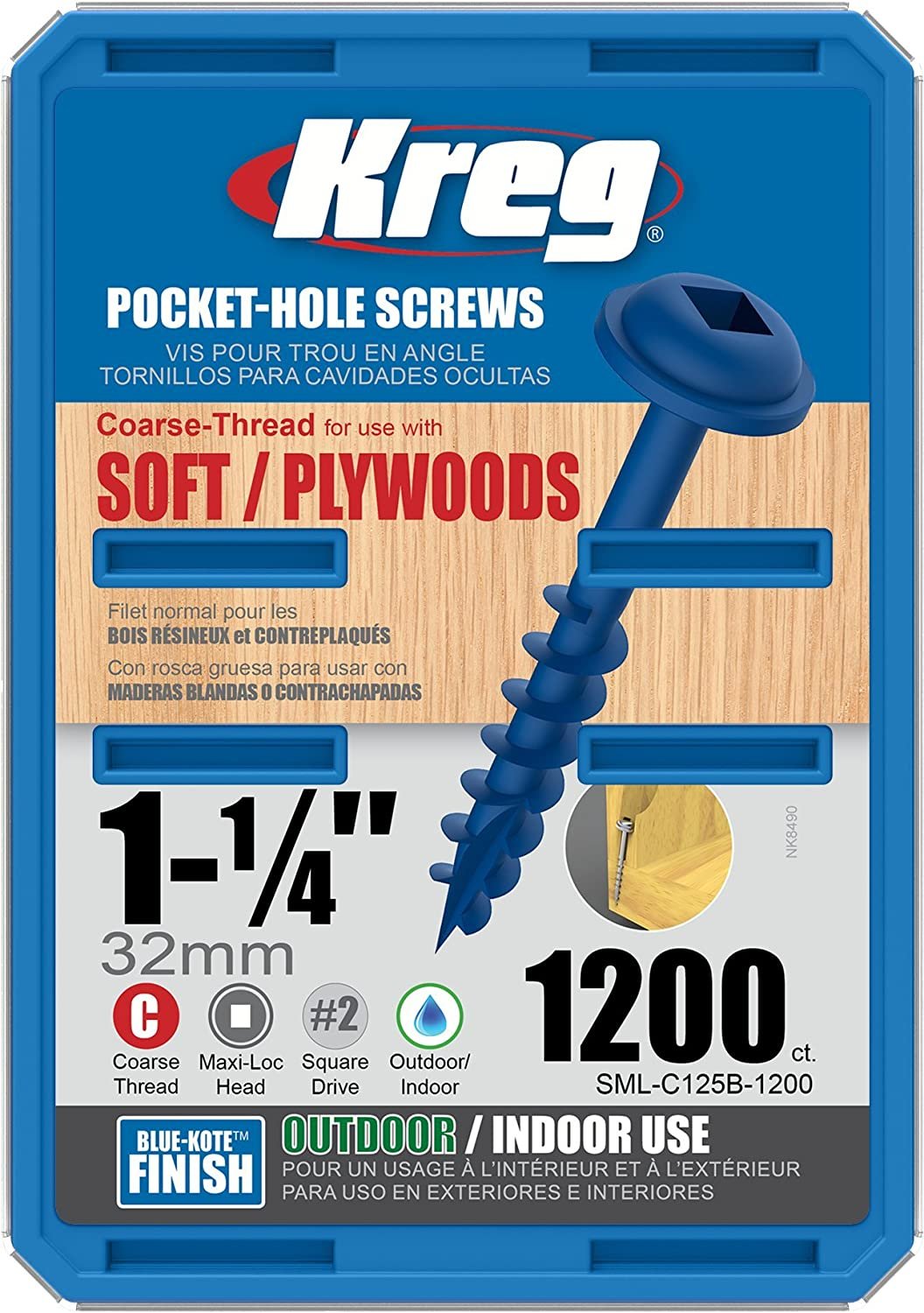 Kreg  SML-C125B-100  -  1-1/4" Blue-Kote Pocket-Hole Screws (coarse) 100pack - Wise Line Tools