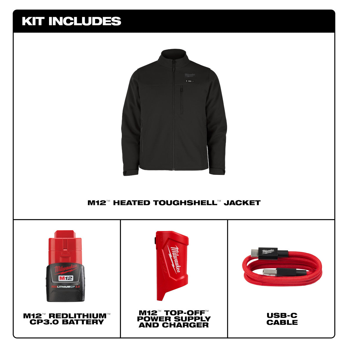 Milwaukee M100 M12 Toughshell Black Hexon Heated Jacket Kit - 3Ah