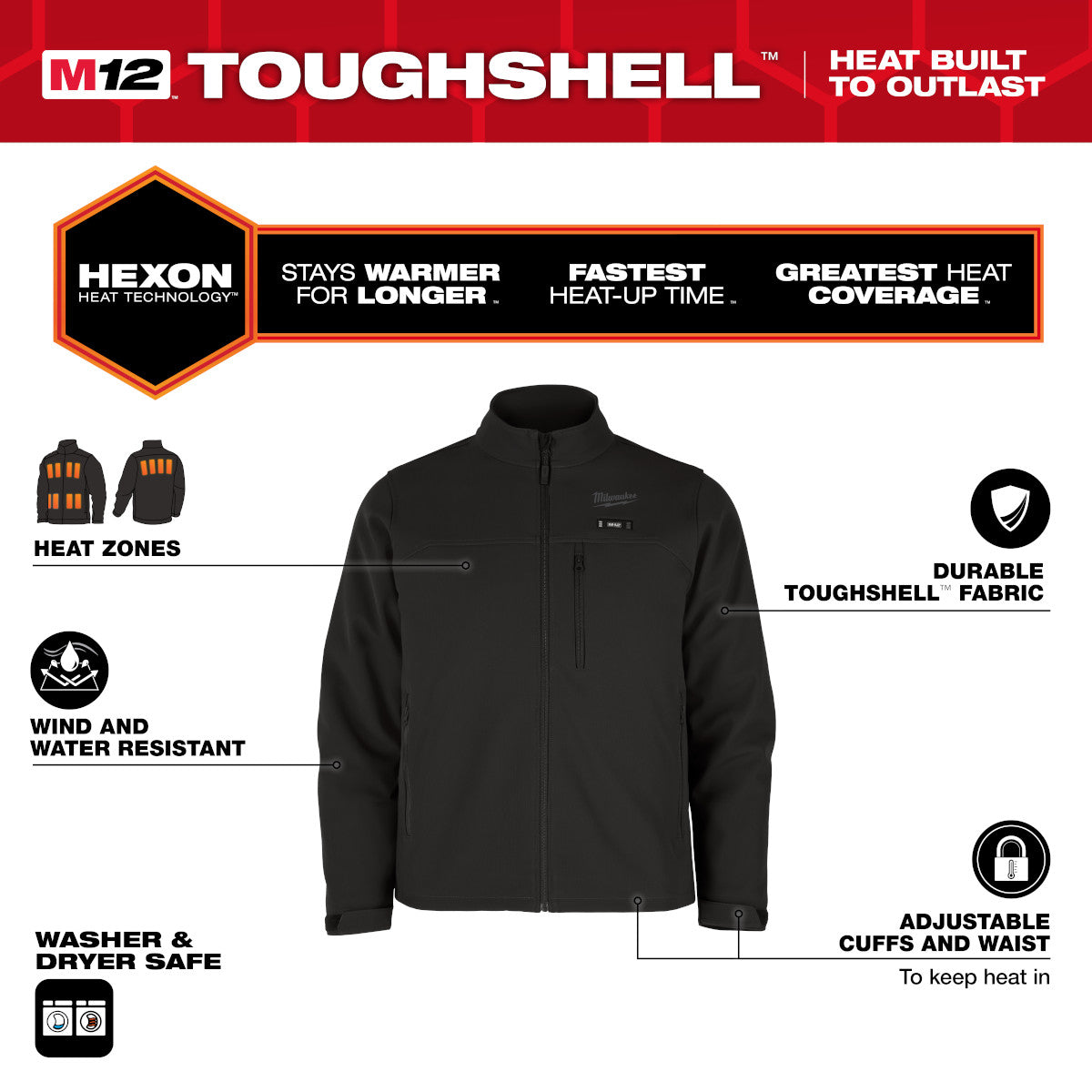 Milwaukee M100 M12 Toughshell Black Hexon Heated Jacket - Jacket Only