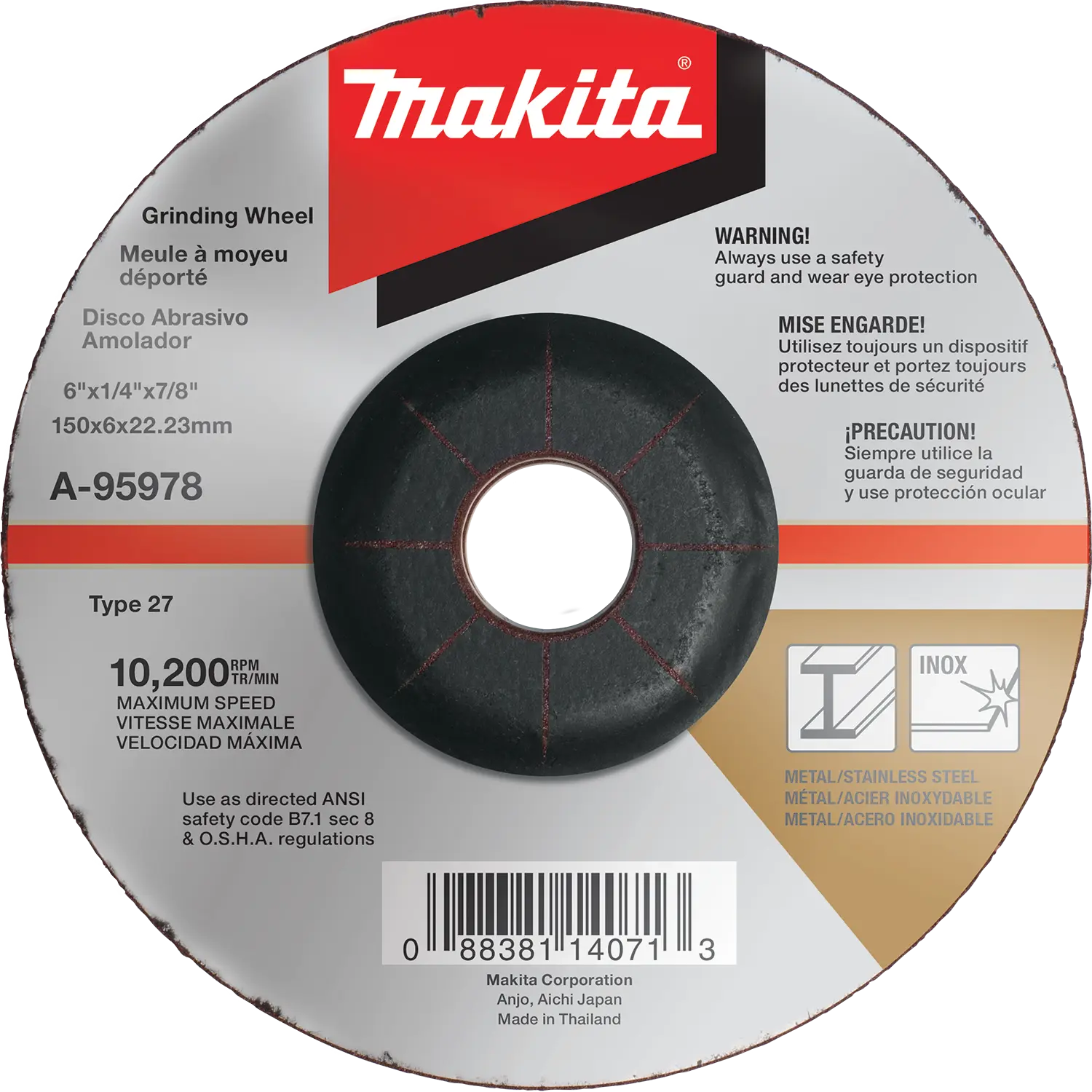 MAKITA A-95978  -  6" x 1/4" x 7/8" INOX Grinding Wheel, 36 Grit MAKITA
