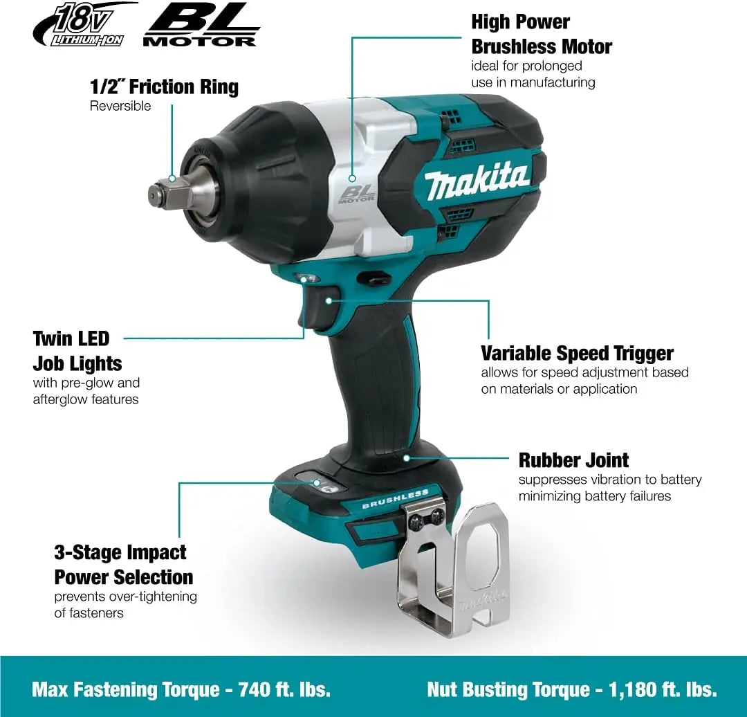 MAKITA DTW1002RTE - 18V 1/2? Brushless High Torque Impact Wrench Kit MAKITA