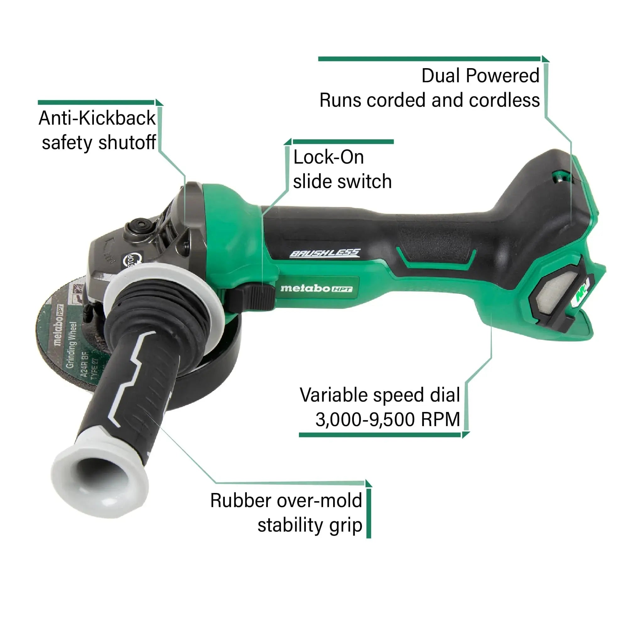 METABO G3612DAQ6 - 36V MultiVolt™ Brushless 4-1/2 Inch Slide Switch Grinder (Tool Body Only) METABO
