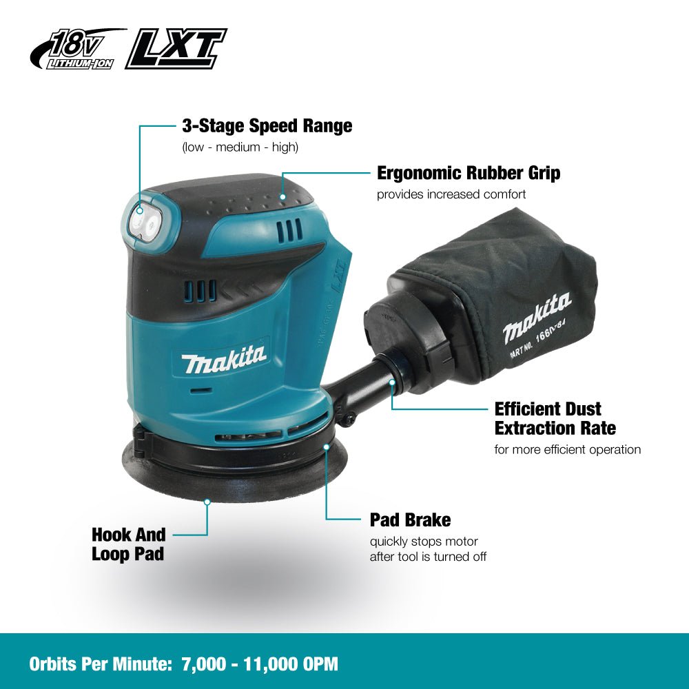 Makita DBO180Z - 18V LXT Cordless 5" Random Orbit Sander - Wise Line Tools