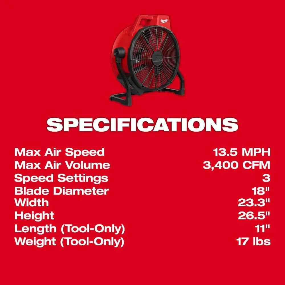 Milwaukee 0821-20 - M18™ Brushless 18" Fan - Wise Line Tools
