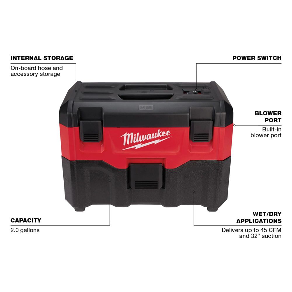 Milwaukee 0880-20 - M18™ 2-Gallon Wet/Dry Vacuum - Wise Line Tools