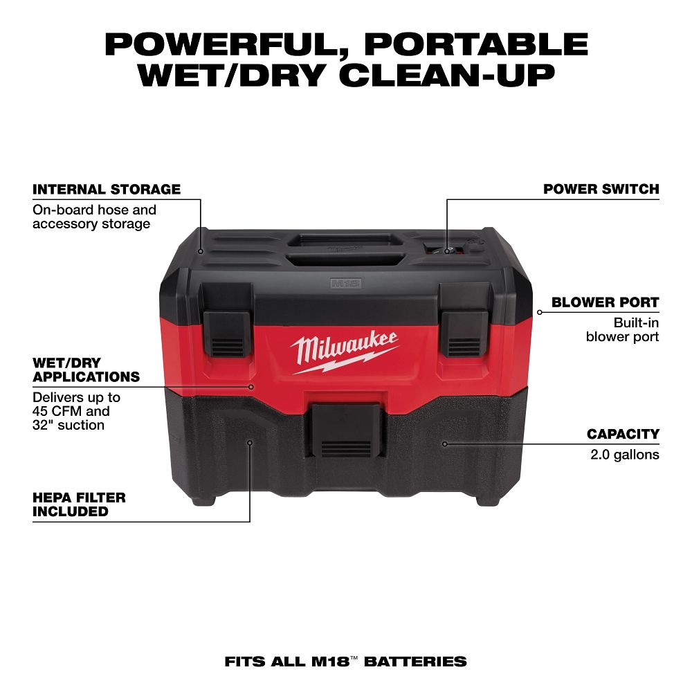 Milwaukee 0880-20 - M18™ 2-Gallon Wet/Dry Vacuum - Wise Line Tools