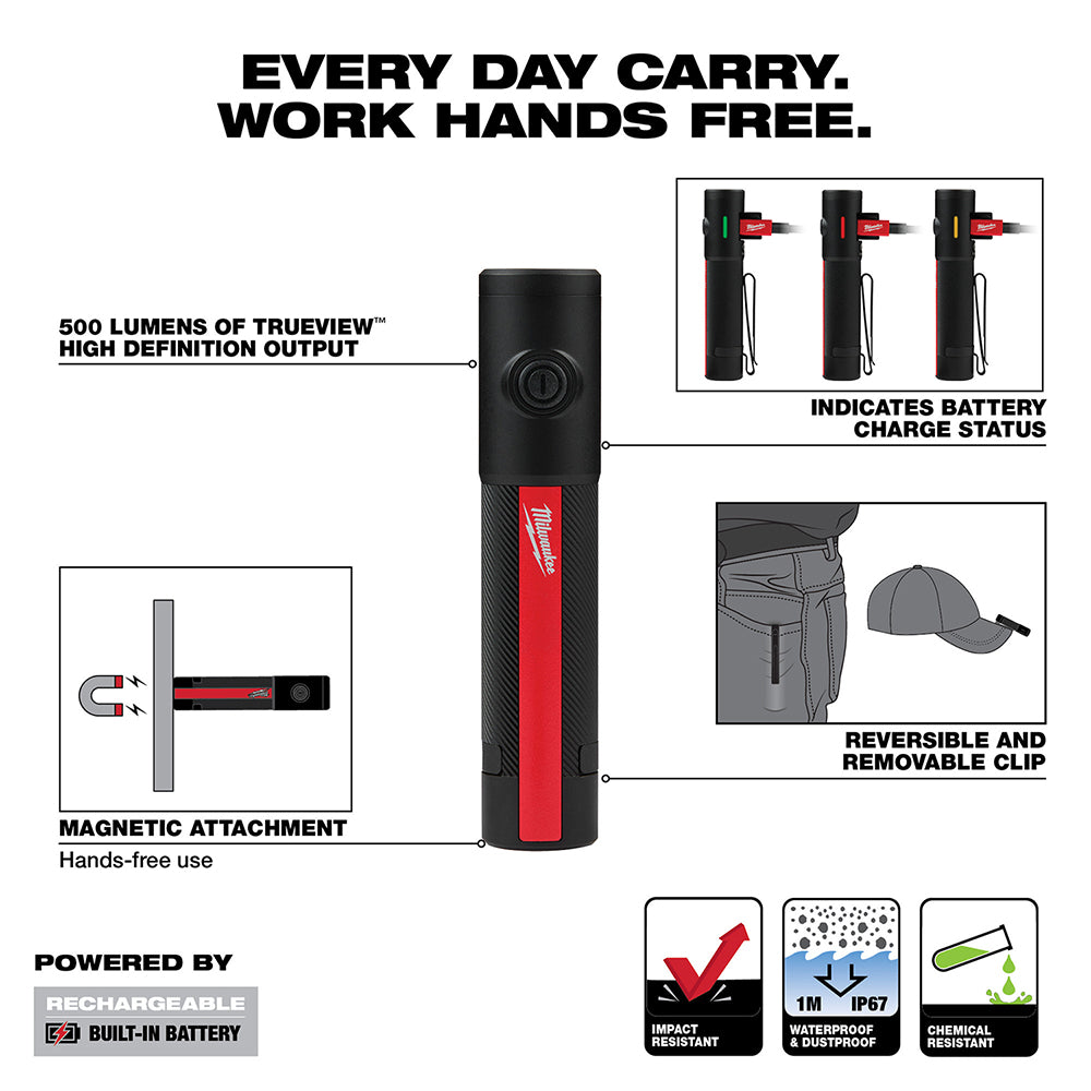 Milwaukee 2011R - Rechargeable 500L Everyday Carry Flashlight w/ Magnet - Wise Line Tools