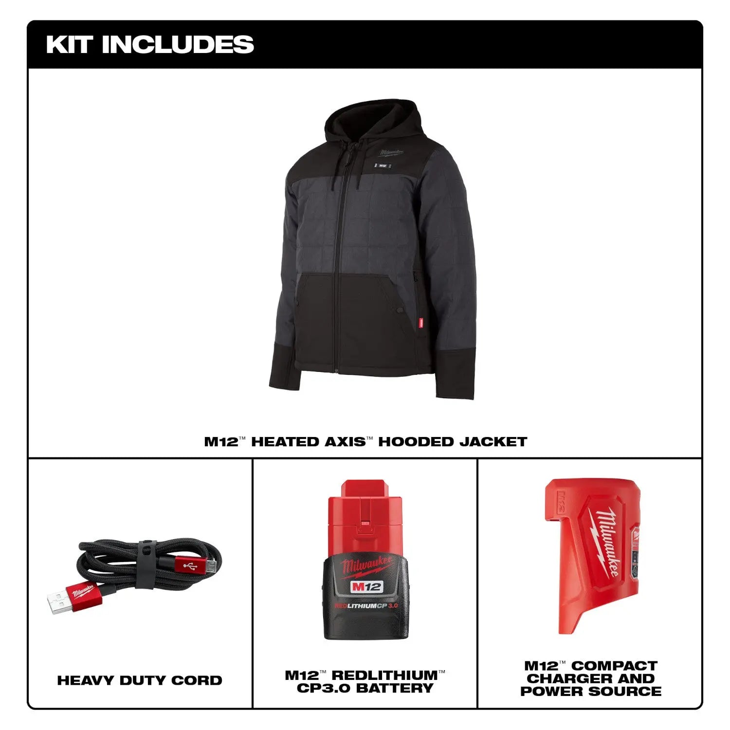 Milwaukee 205G-21M - M12™ Heated AXIS™ Hooded Jacket Kit Gray Medium - Wise Line Tools