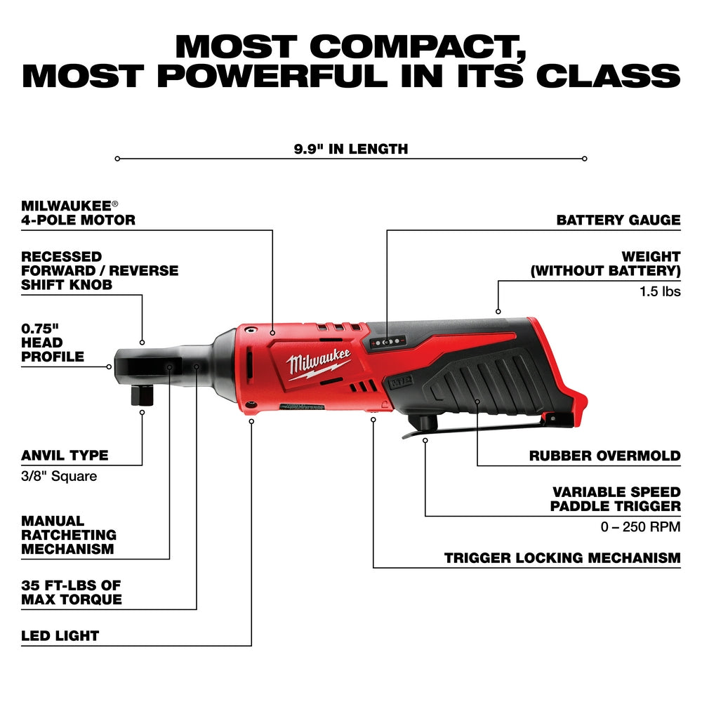 Milwaukee 2457-20 - M12™ Cordless 3/8 in. Ratchet - Wise Line Tools