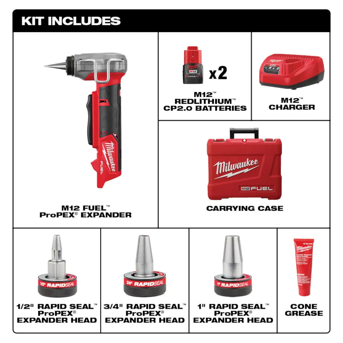 Milwaukee 2532-22 - M12 FUEL™ ProPEX® Expander Kit w/ 1/2"-1" RAPID SEAL™  ProPEX® Expander Heads - Wise Line Tools