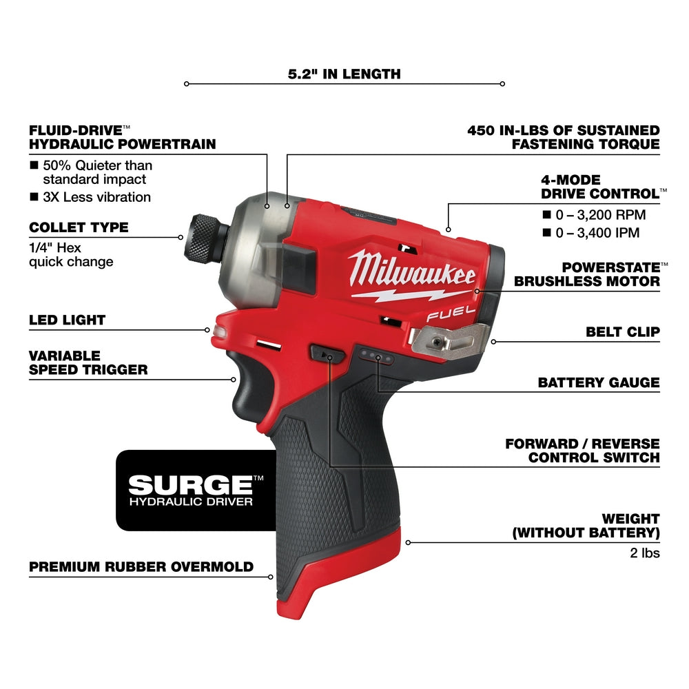 Milwaukee 2551-20 - M12 FUEL™ SURGE™ 1/4 in. Hex Hydraulic Driver - Wise Line Tools