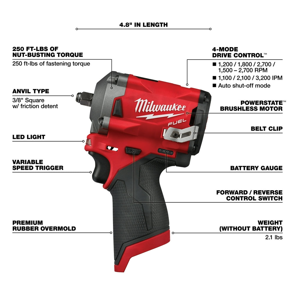Milwaukee 2552-20 - M12 FUEL™ Stubby 1/4 in. Impact Wrench - Wise Line Tools