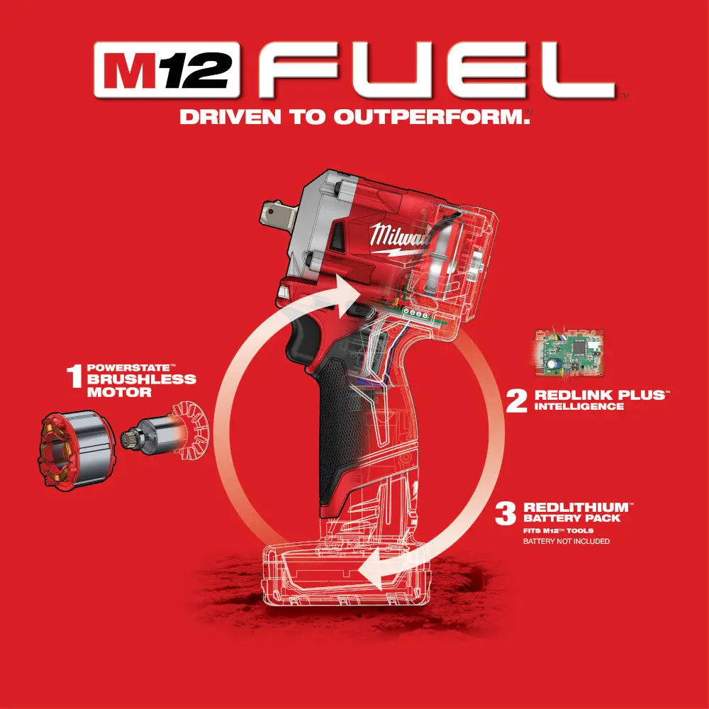 Milwaukee 2555P-20 - M12 FUEL™ Stubby 1/2 in. Pin Impact Wrench - Wise Line Tools