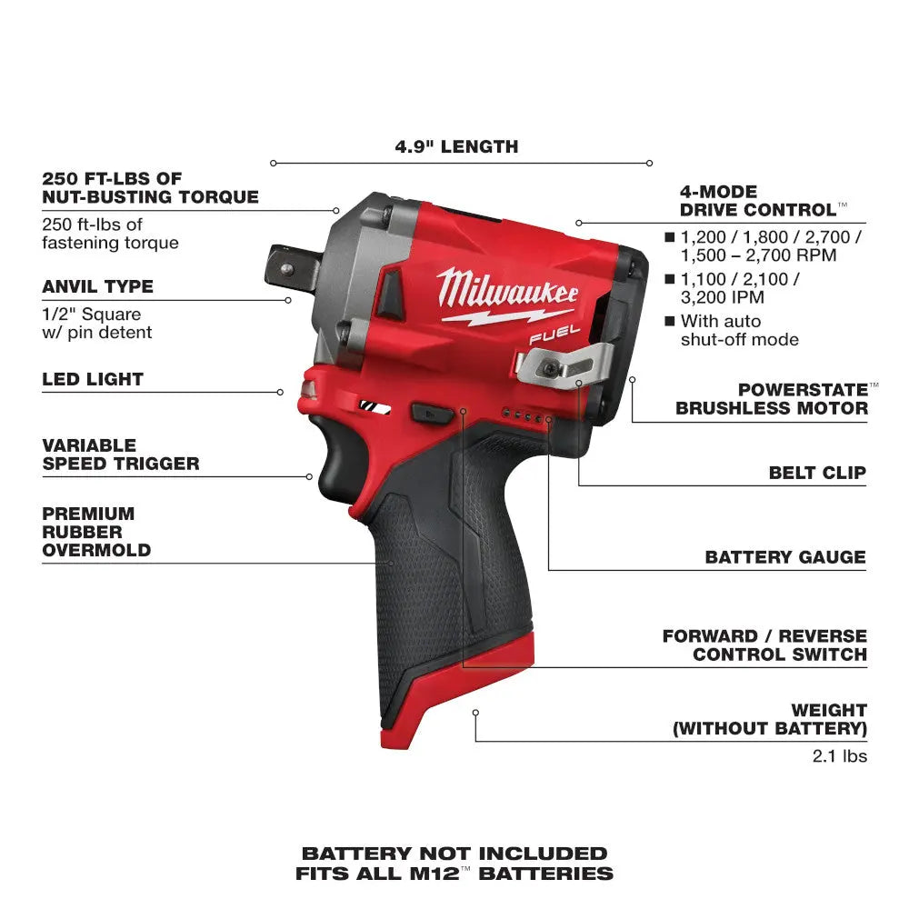 Milwaukee 2555P-20 - M12 FUEL™ Stubby 1/2 in. Pin Impact Wrench - Wise Line Tools