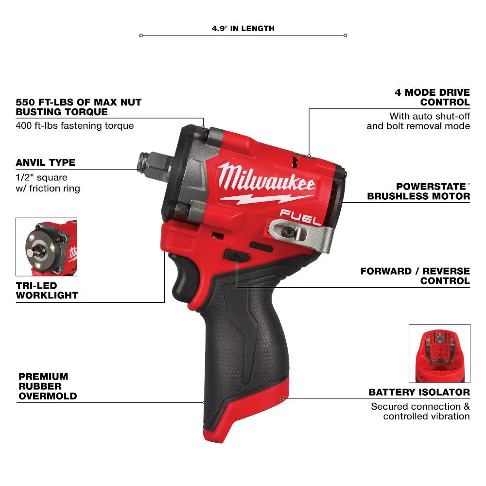 Milwaukee 2563-20 - M12 FUEL™ Stubby 1/2" Impact Wrench - Wise Line Tools