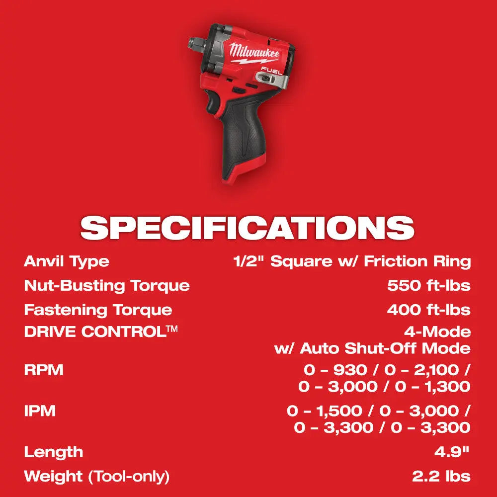 Milwaukee 2563-20 - M12 FUEL™ Stubby 1/2" Impact Wrench - Wise Line Tools