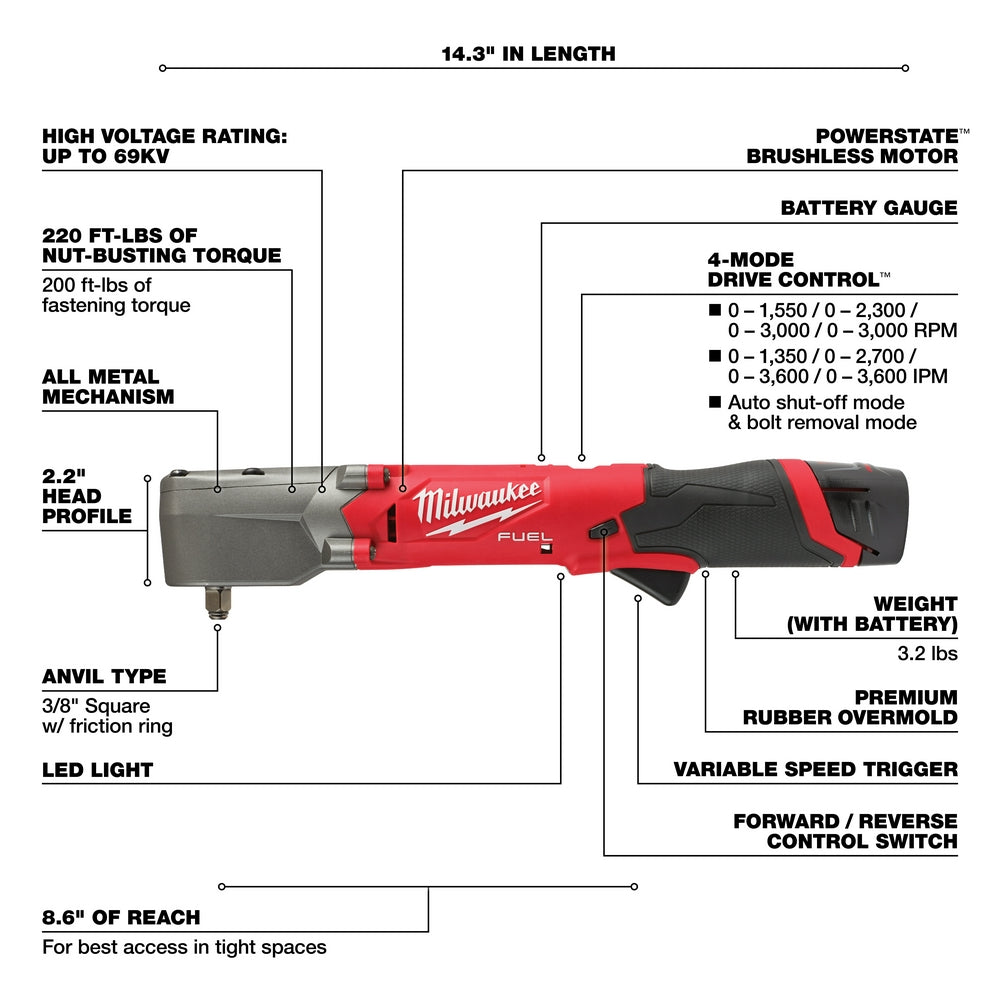 Milwaukee 2564-22 - M12 FUEL™ 3/8" Right Angle Impact Wrench Kit - Wise Line Tools