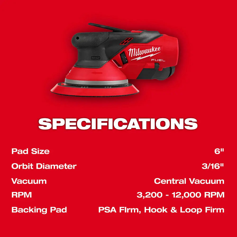 Milwaukee 2585-20 - M12 FUEL™ 6" Random Orbital Sander (3/16") - Wise Line Tools